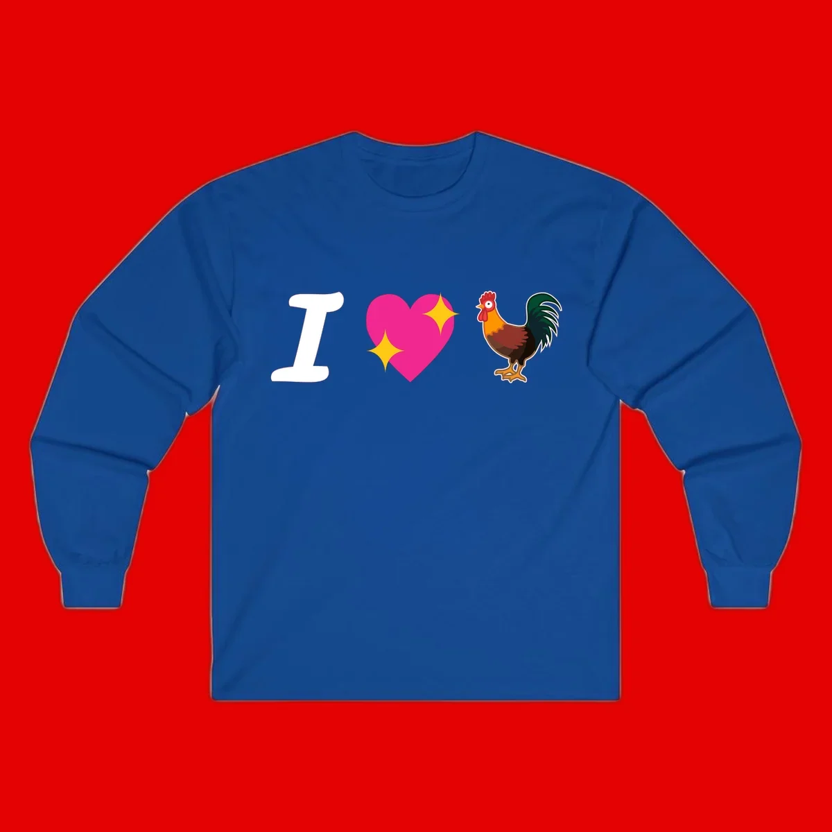 I love rooster design featuring large white I, pink sparkly heart, and colorful rooster illustration on gray background