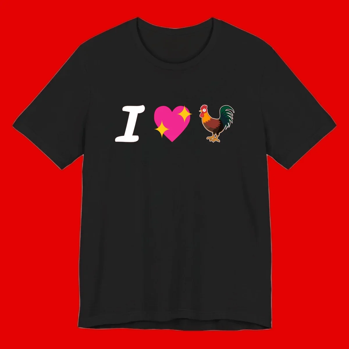 I love rooster design featuring large white I, pink sparkly heart, and colorful rooster illustration on gray background