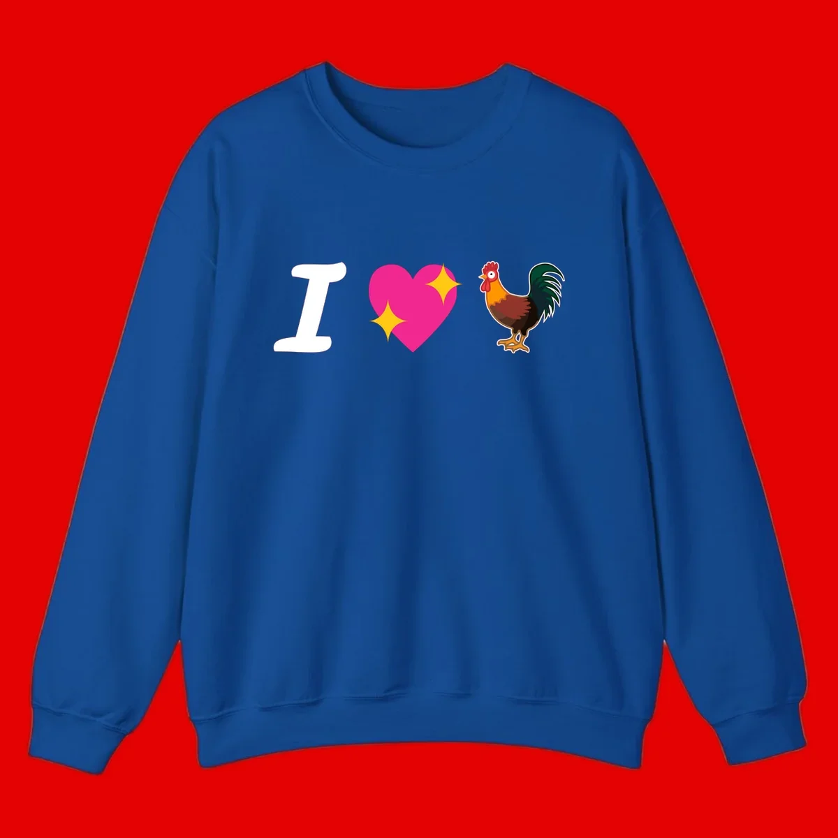 I love rooster design featuring large white I, pink sparkly heart, and colorful rooster illustration on gray background