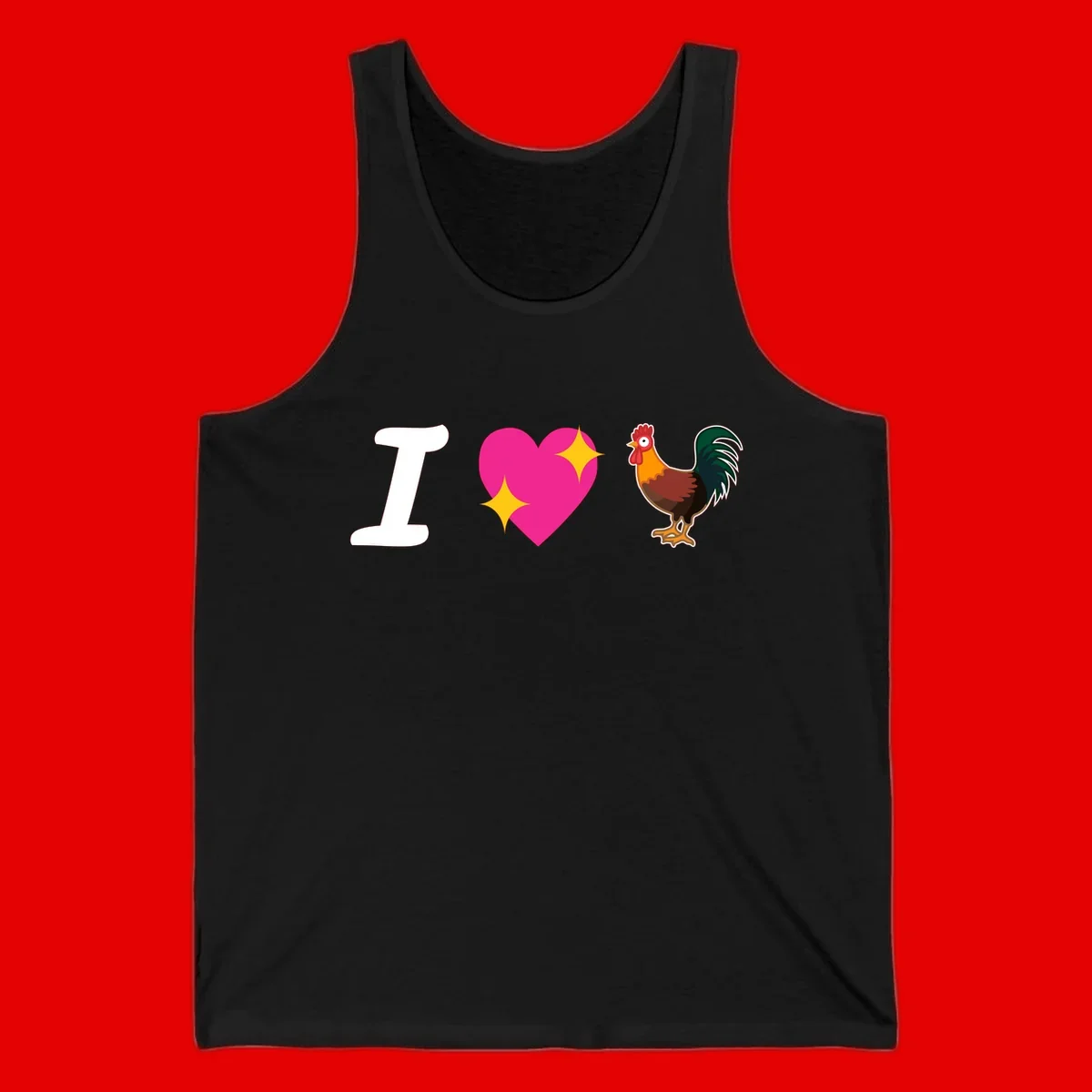 I love rooster design featuring large white I, pink sparkly heart, and colorful rooster illustration on gray background