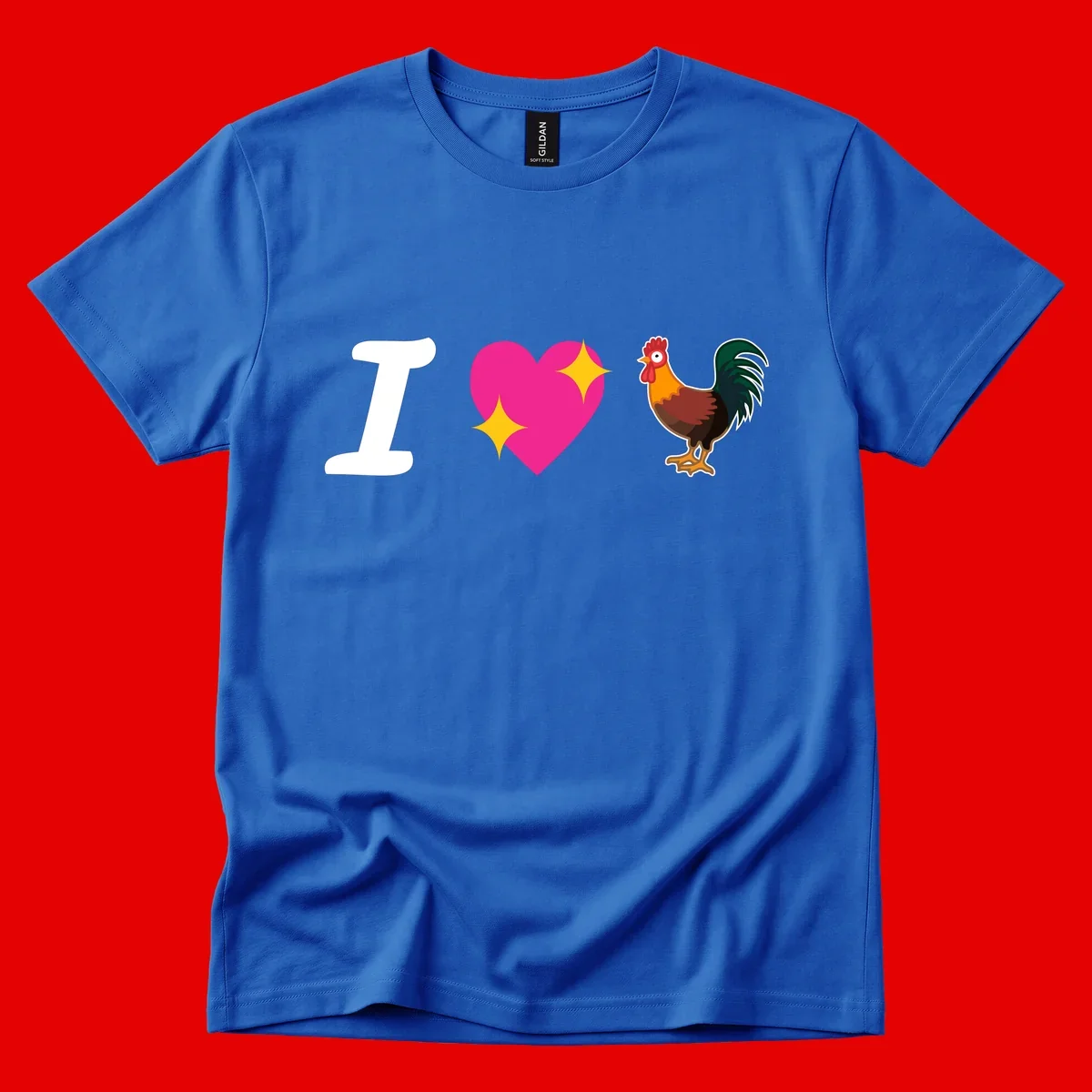 I love rooster design featuring large white I, pink sparkly heart, and colorful rooster illustration on gray background