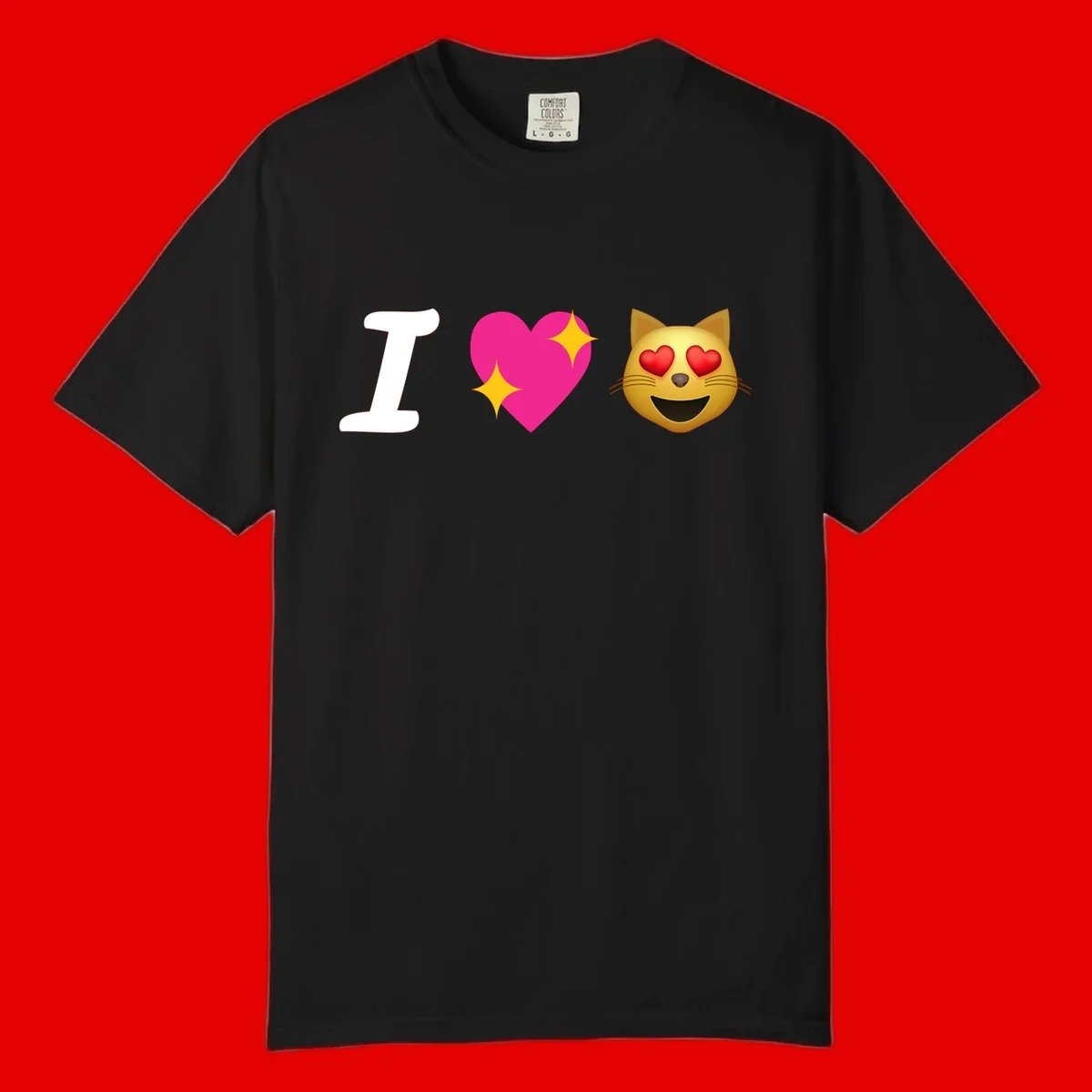I love cats design with letter I, pink heart with sparkles, and smiling cat face with red heart eyes
