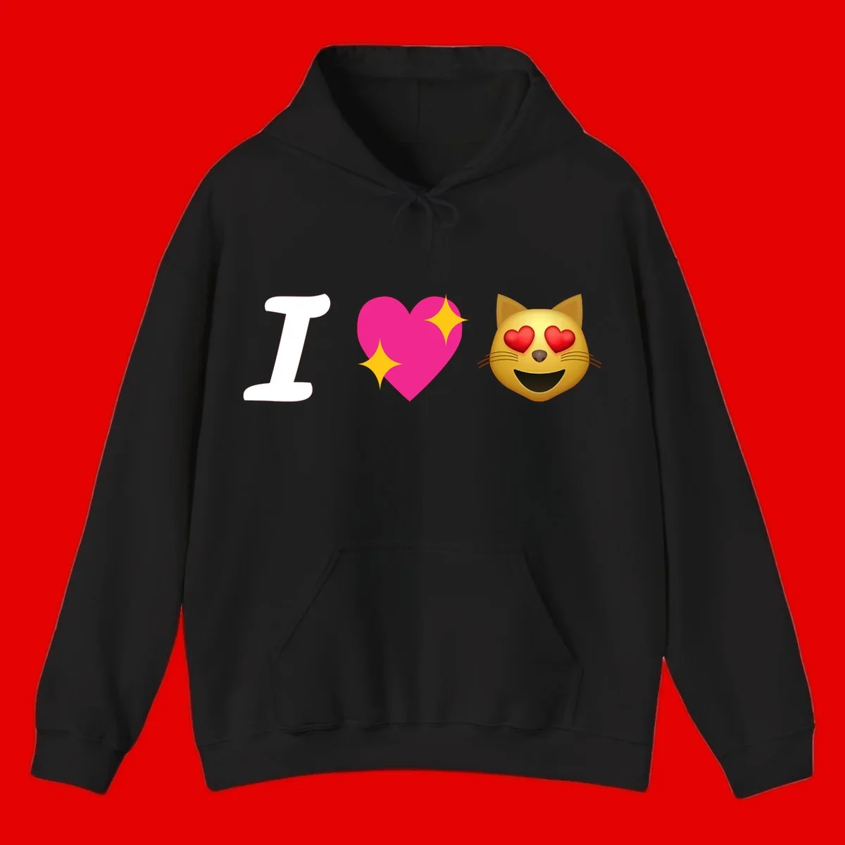I love cats design with letter I, pink heart with sparkles, and smiling cat face with red heart eyes
