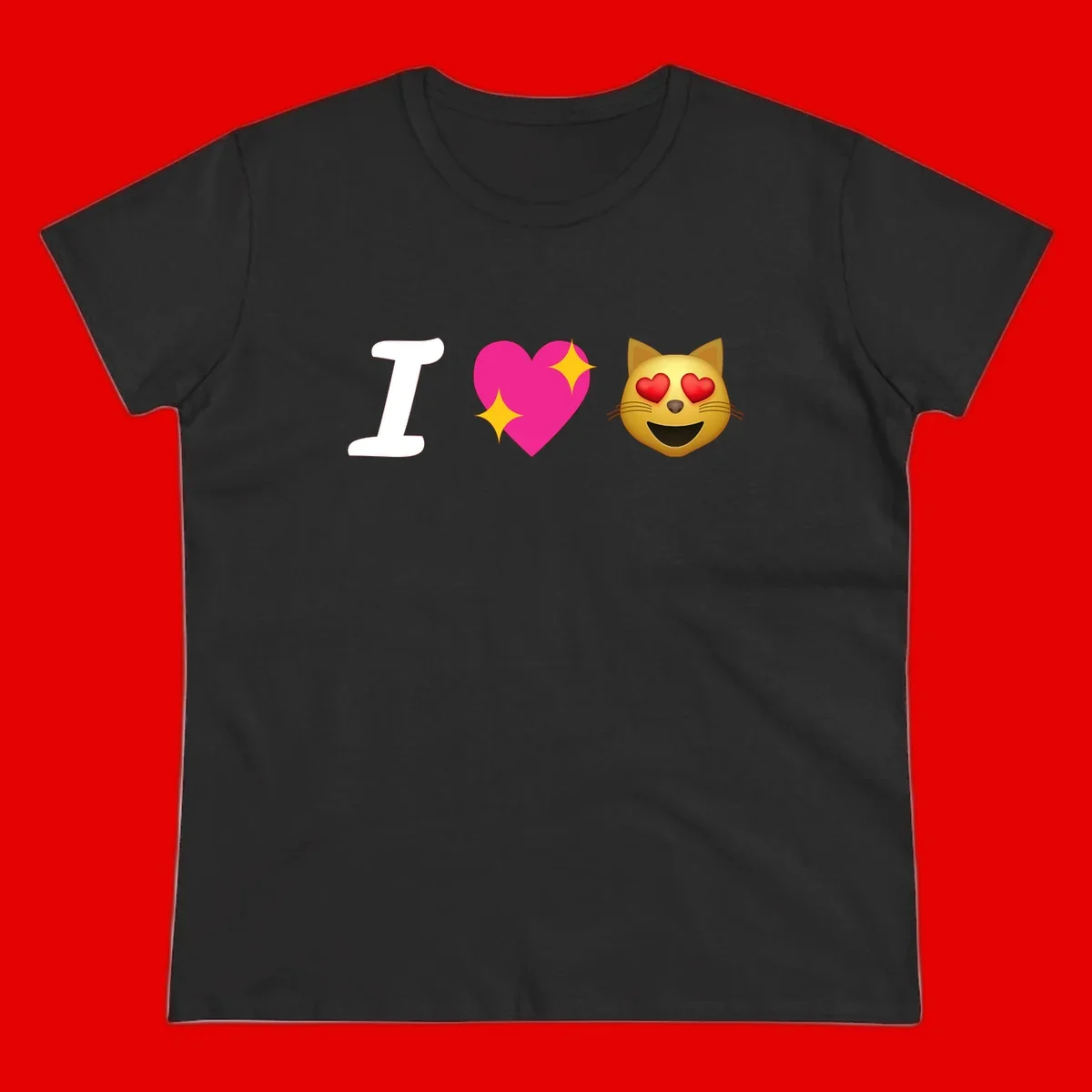 I love cats design with letter I, pink heart with sparkles, and smiling cat face with red heart eyes