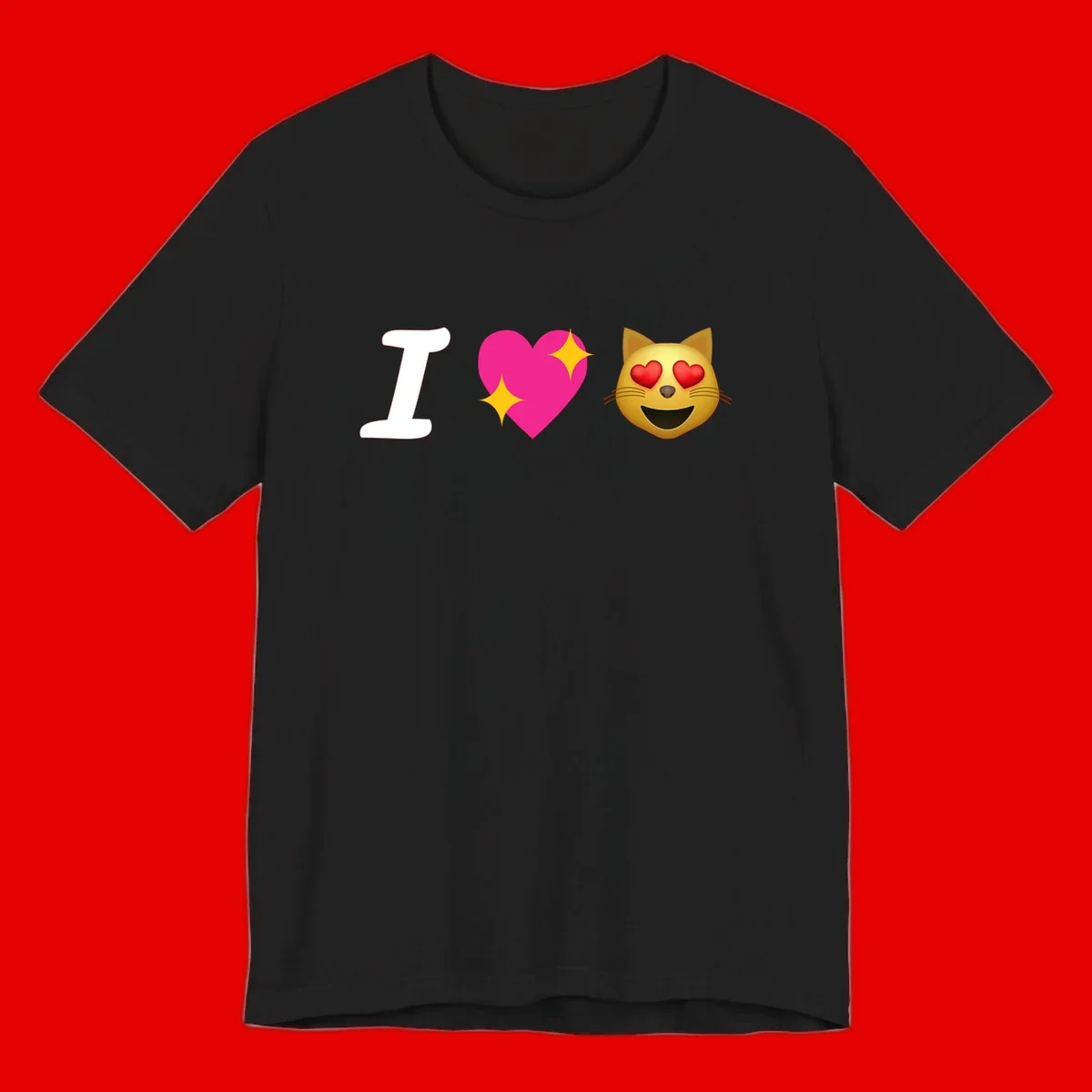 I love cats design with letter I, pink heart with sparkles, and smiling cat face with red heart eyes