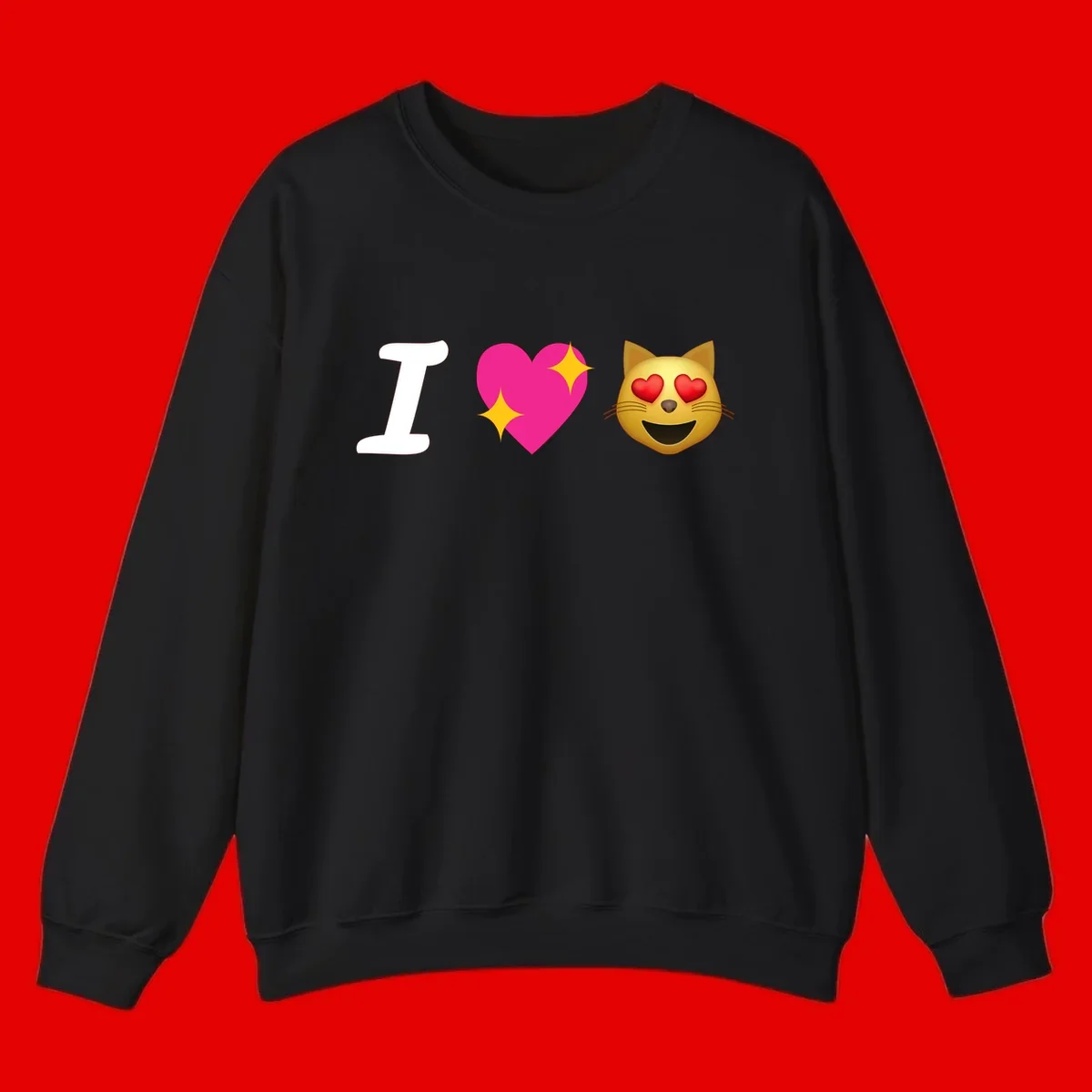 I love cats design with letter I, pink heart with sparkles, and smiling cat face with red heart eyes