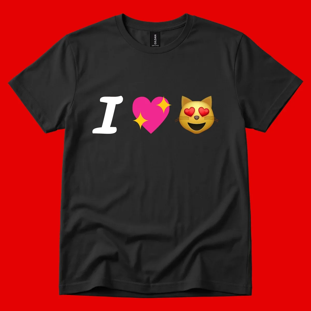 I love cats design with letter I, pink heart with sparkles, and smiling cat face with red heart eyes