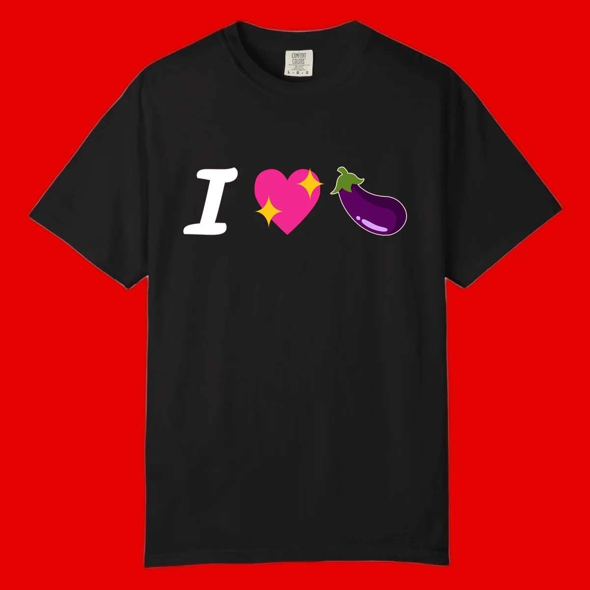 Rebus design reading 'I love eggplant' with letter I, pink heart with yellow sparkles, and purple eggplant illustration
