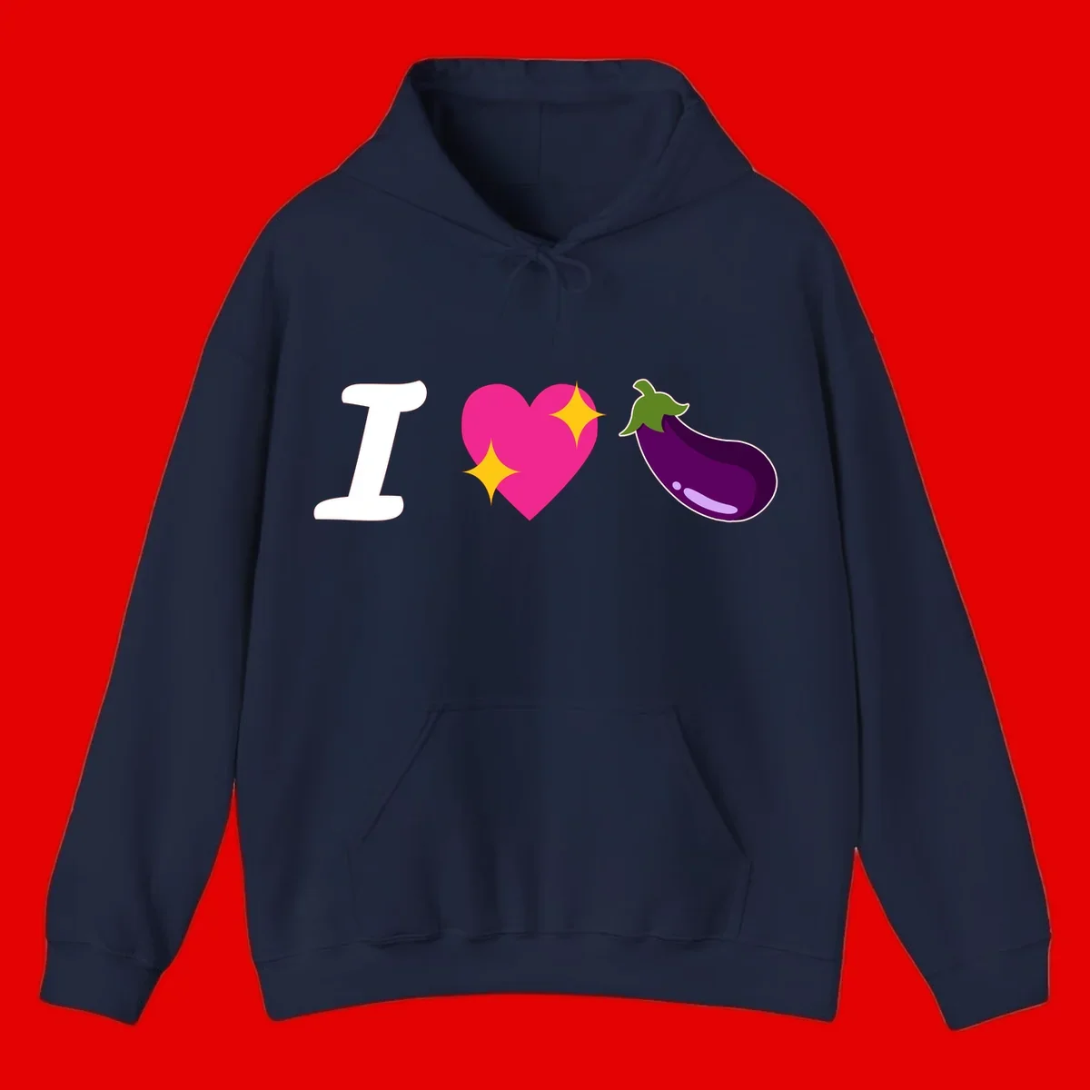 Rebus design reading 'I love eggplant' with letter I, pink heart with yellow sparkles, and purple eggplant illustration