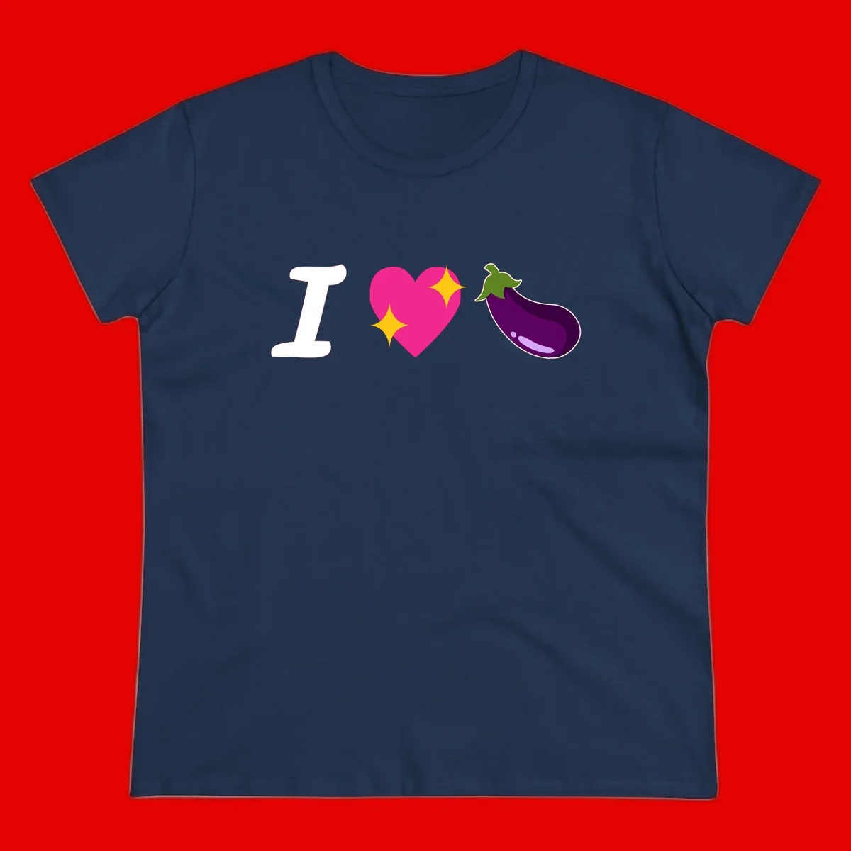 Rebus design reading 'I love eggplant' with letter I, pink heart with yellow sparkles, and purple eggplant illustration