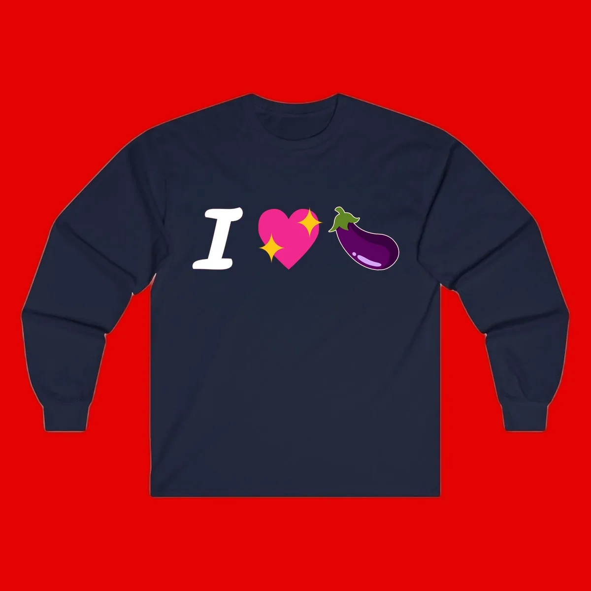Rebus design reading 'I love eggplant' with letter I, pink heart with yellow sparkles, and purple eggplant illustration