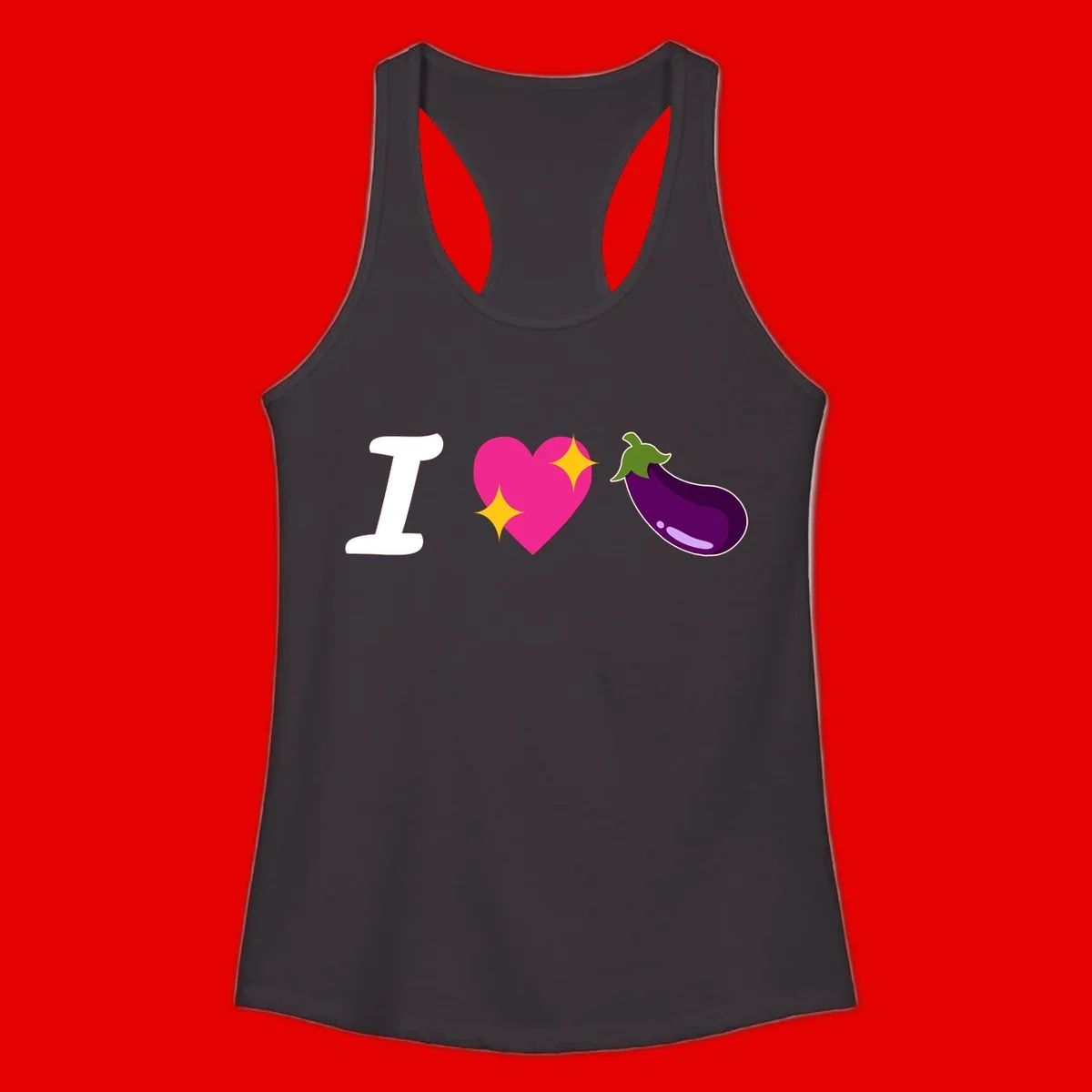 Rebus design reading 'I love eggplant' with letter I, pink heart with yellow sparkles, and purple eggplant illustration