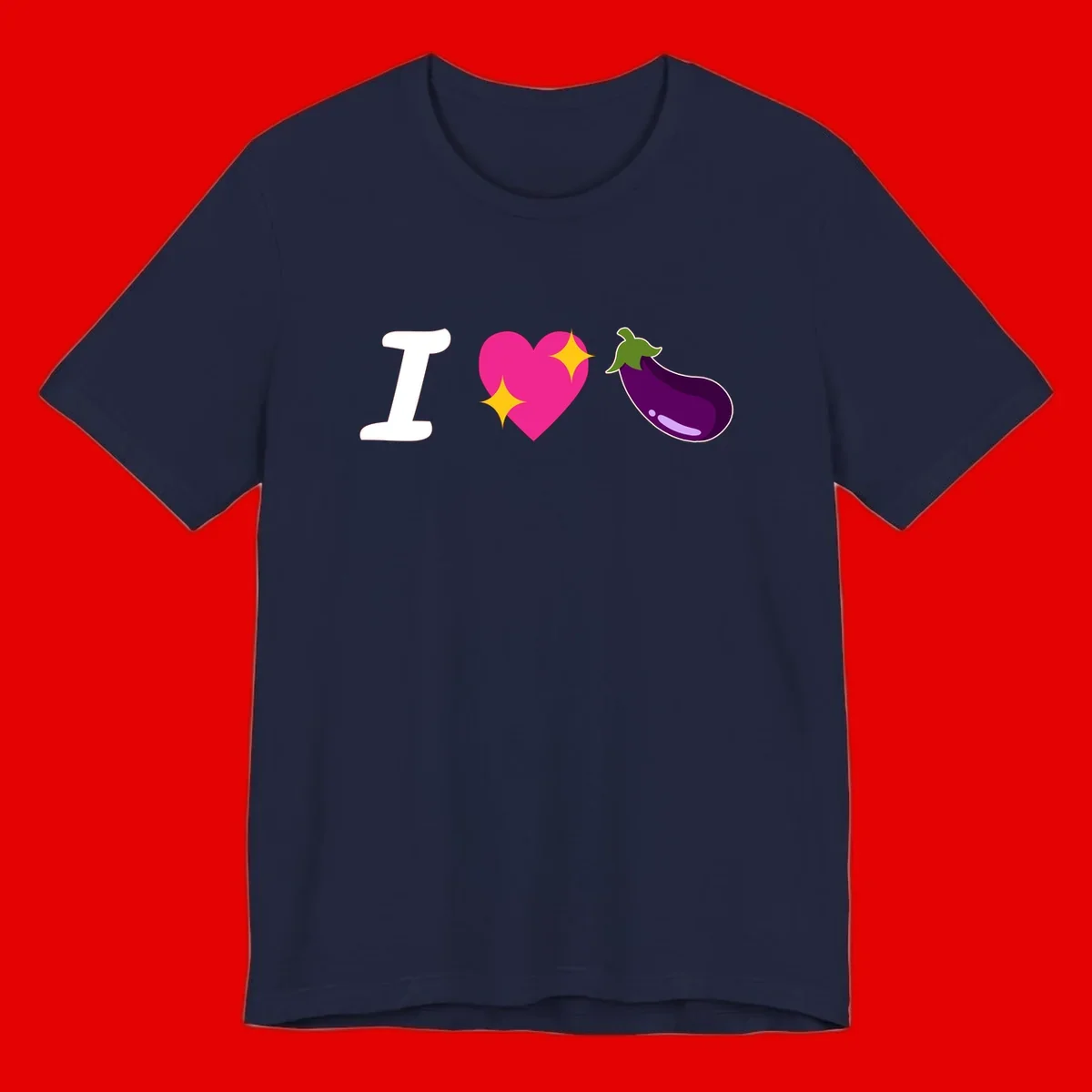Rebus design reading 'I love eggplant' with letter I, pink heart with yellow sparkles, and purple eggplant illustration