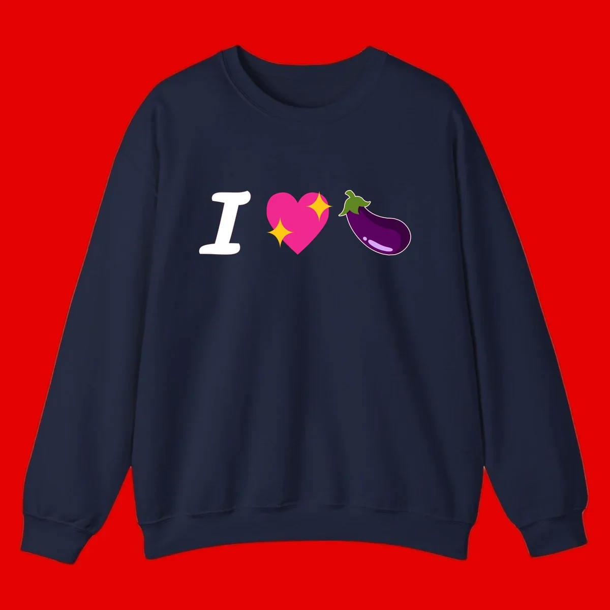 Rebus design reading 'I love eggplant' with letter I, pink heart with yellow sparkles, and purple eggplant illustration