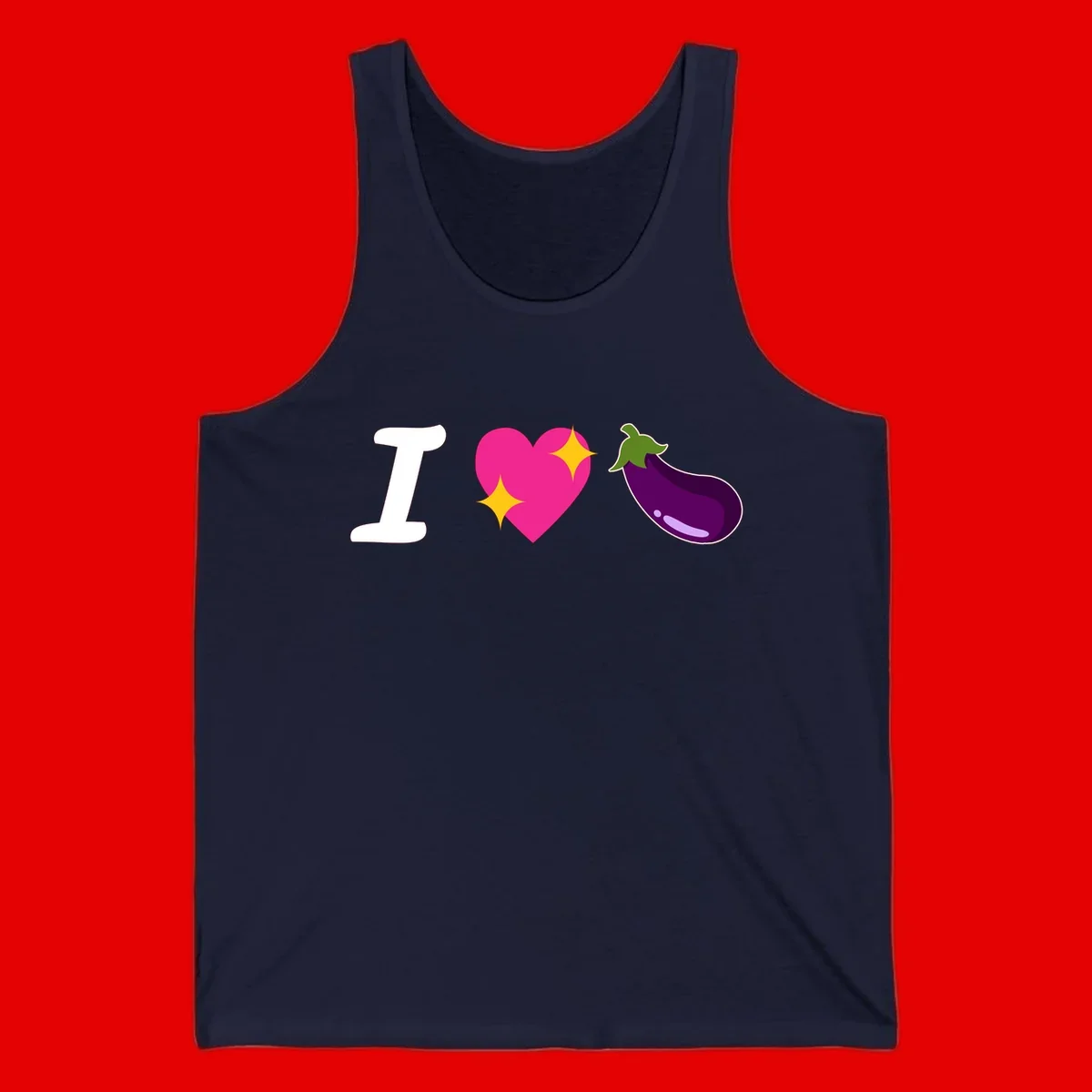 Rebus design reading 'I love eggplant' with letter I, pink heart with yellow sparkles, and purple eggplant illustration