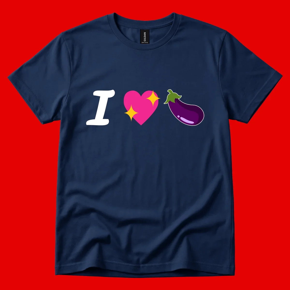 Rebus design reading 'I love eggplant' with letter I, pink heart with yellow sparkles, and purple eggplant illustration