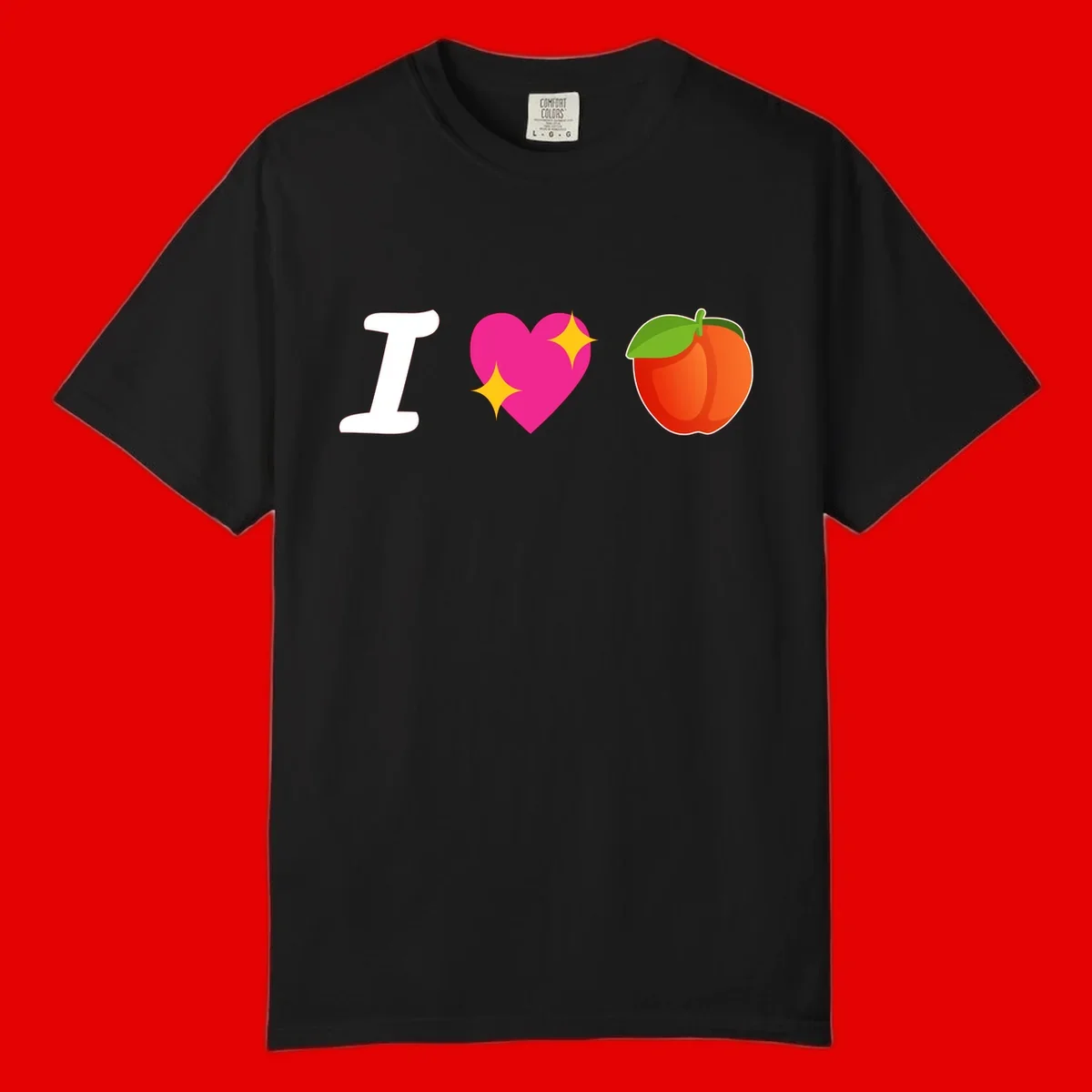 I love apples rebus design with large white I, magenta heart with yellow sparkles, and red apple with green leaf