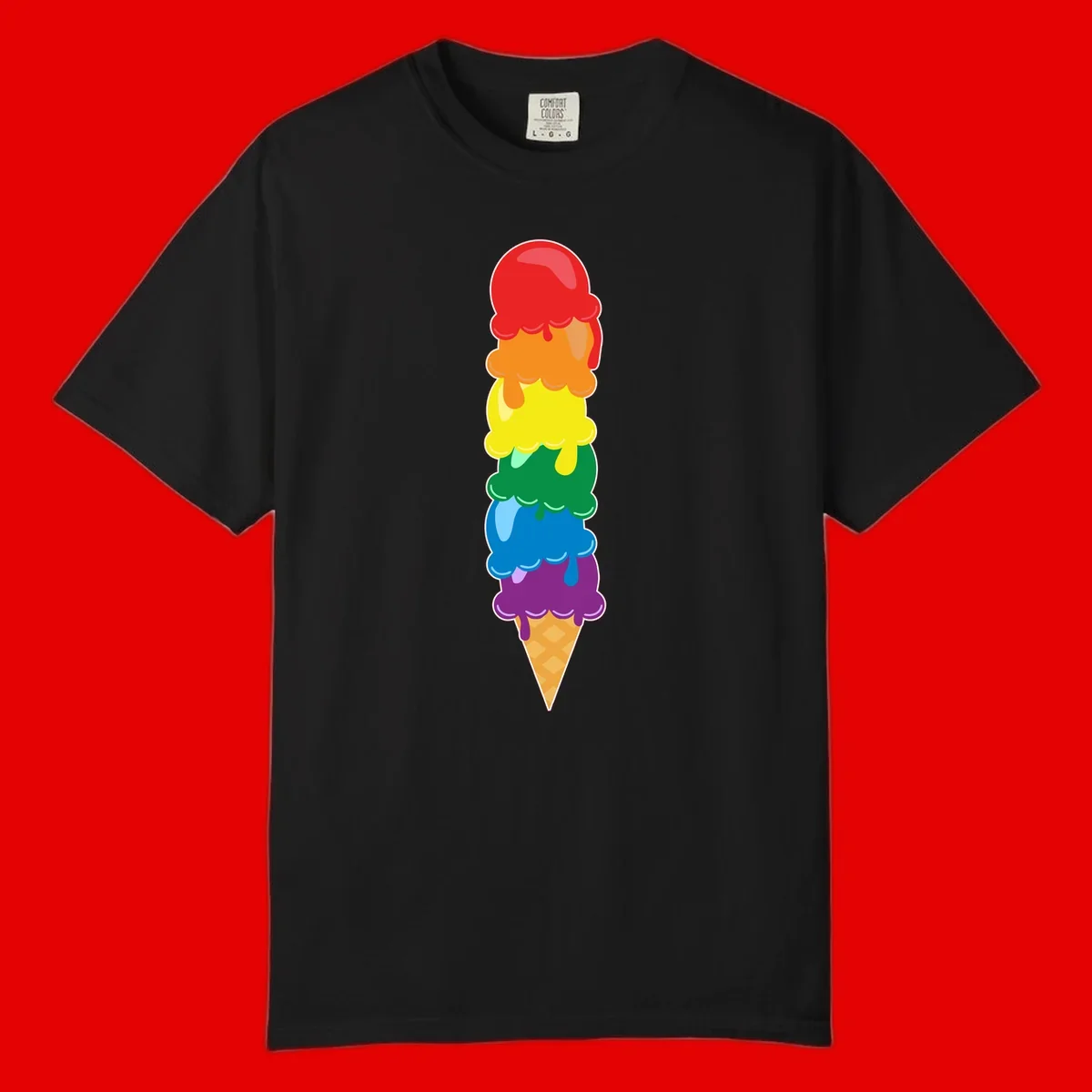 Colorful rainbow ice cream cone with six stacked scoops in pride flag colors dripping down a waffle cone