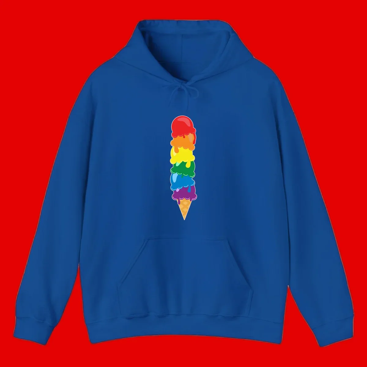 Colorful rainbow ice cream cone with six stacked scoops in pride flag colors dripping down a waffle cone