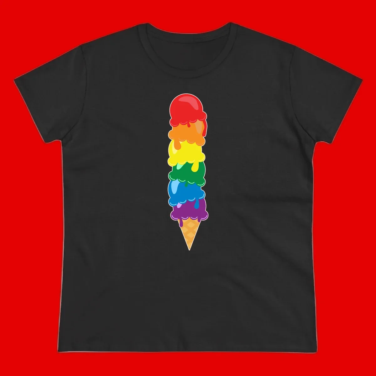Colorful rainbow ice cream cone with six stacked scoops in pride flag colors dripping down a waffle cone