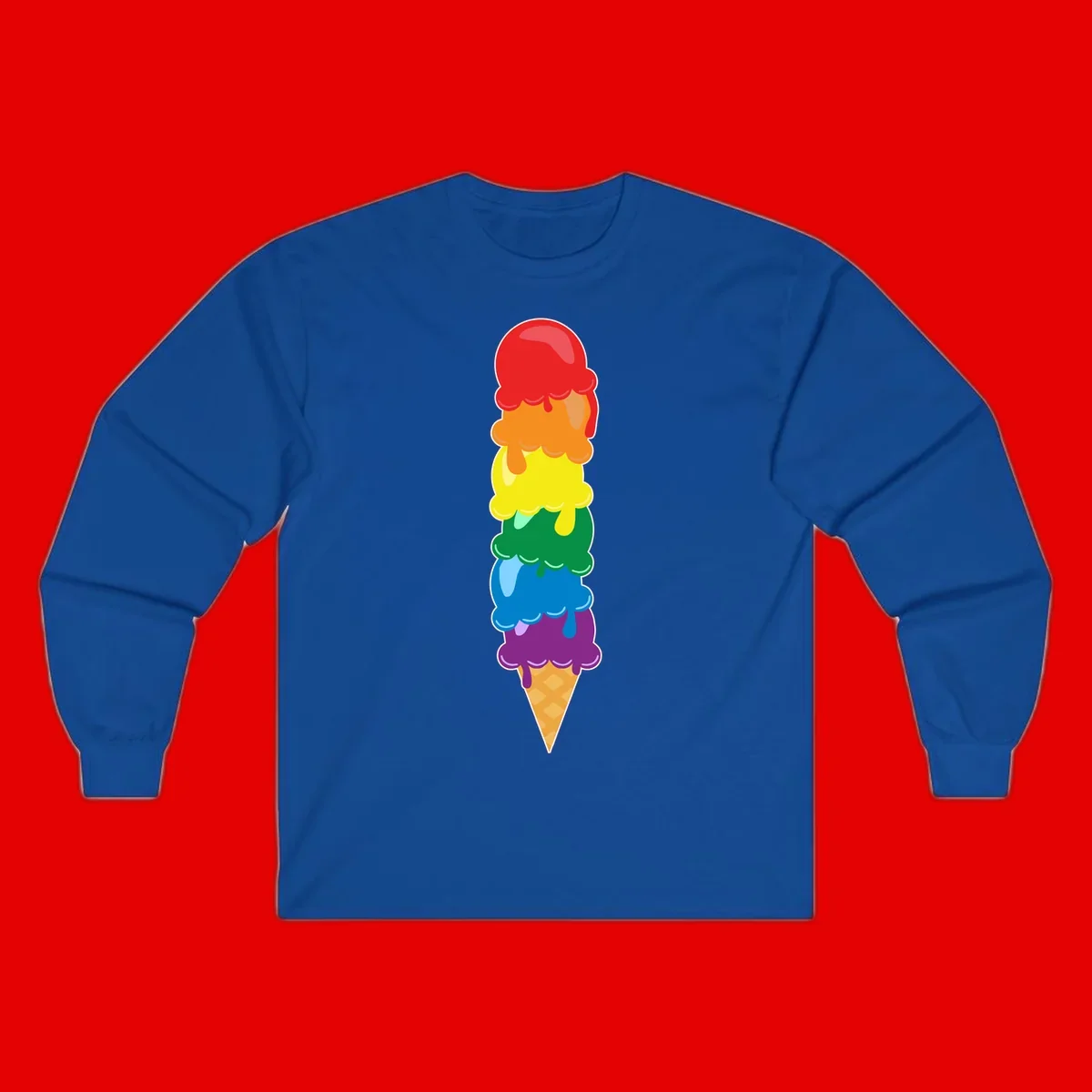 Colorful rainbow ice cream cone with six stacked scoops in pride flag colors dripping down a waffle cone