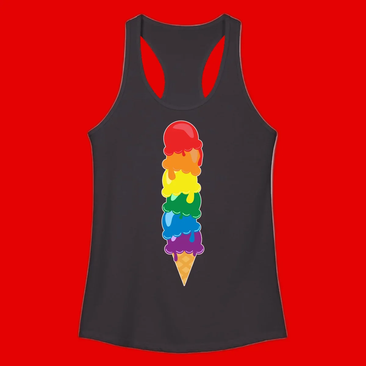 Colorful rainbow ice cream cone with six stacked scoops in pride flag colors dripping down a waffle cone