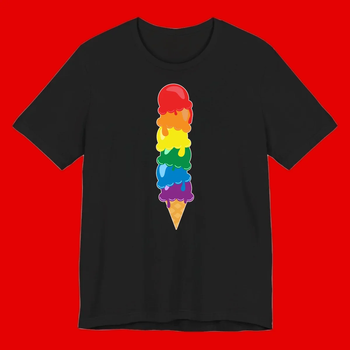 Colorful rainbow ice cream cone with six stacked scoops in pride flag colors dripping down a waffle cone