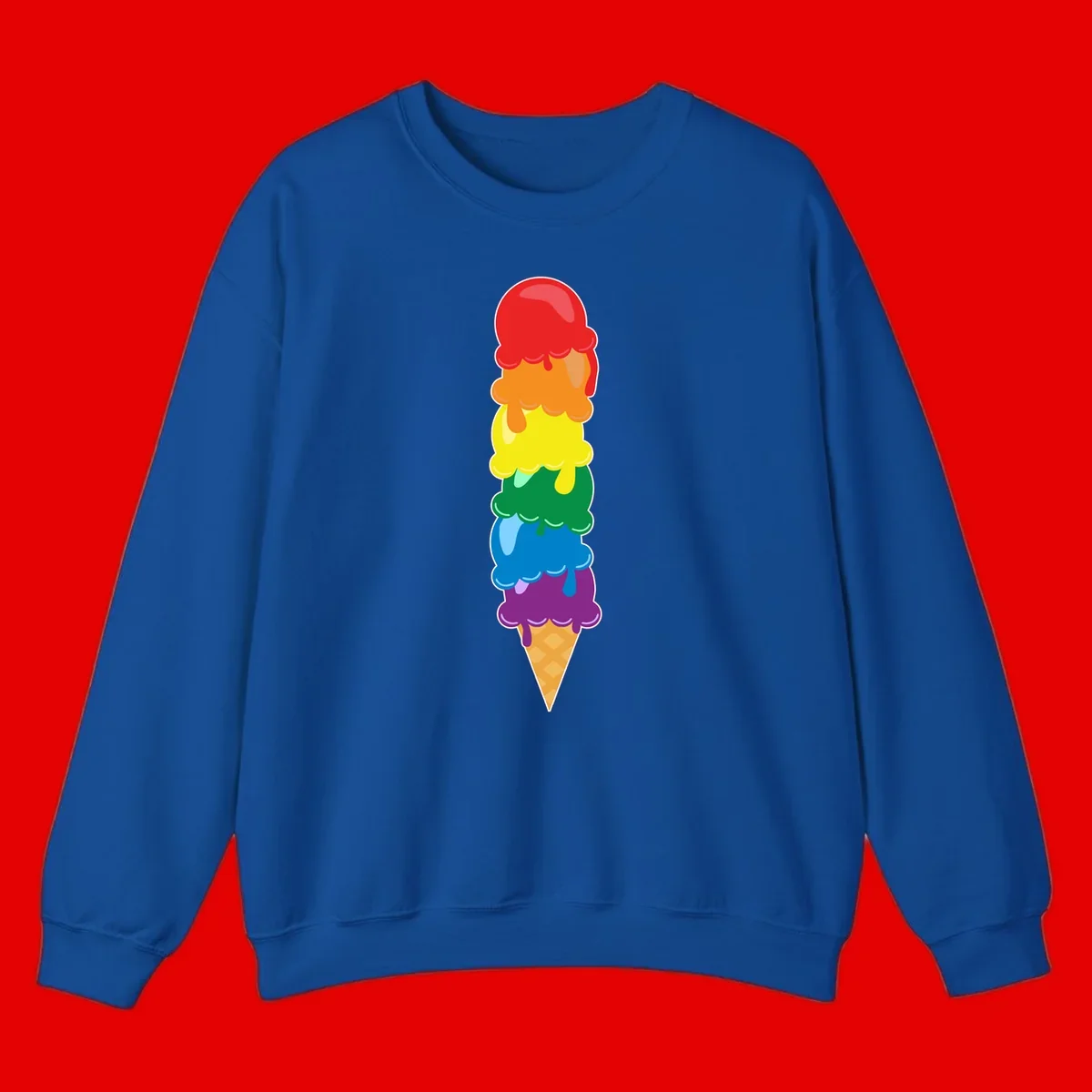 Colorful rainbow ice cream cone with six stacked scoops in pride flag colors dripping down a waffle cone