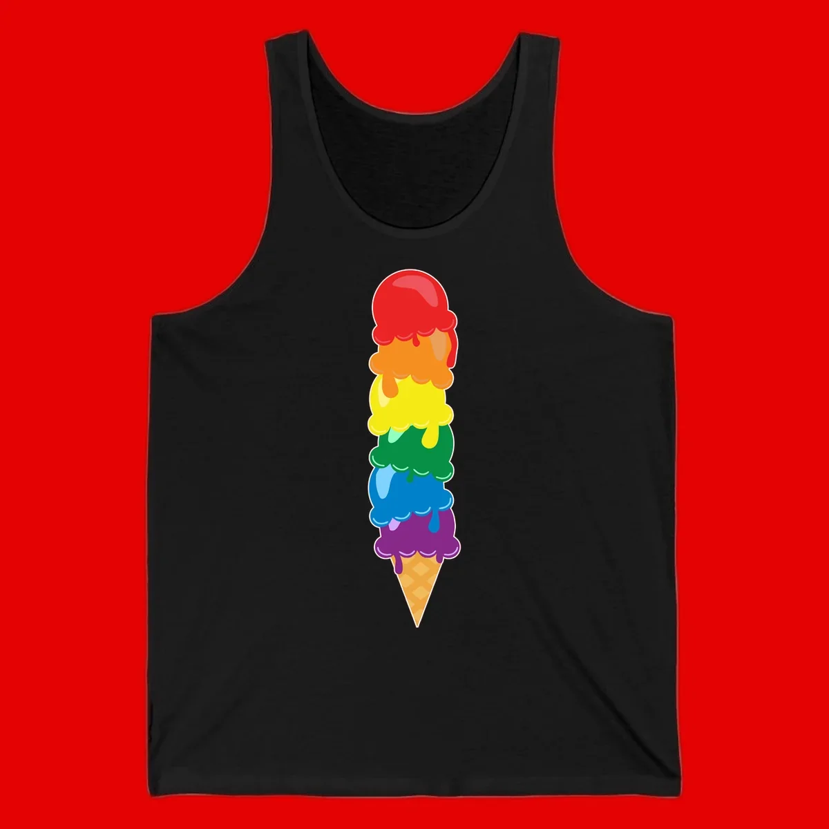 Colorful rainbow ice cream cone with six stacked scoops in pride flag colors dripping down a waffle cone