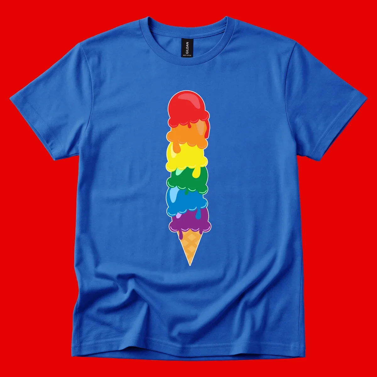 Colorful rainbow ice cream cone with six stacked scoops in pride flag colors dripping down a waffle cone