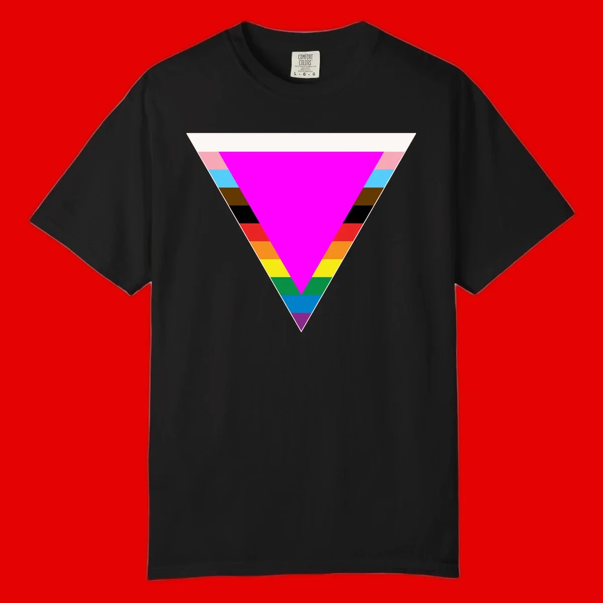 Rainbow pride triangle design with horizontal stripes in magenta, pink, cyan, brown, black, red, orange, yellow, green, teal, blue, and purple colors