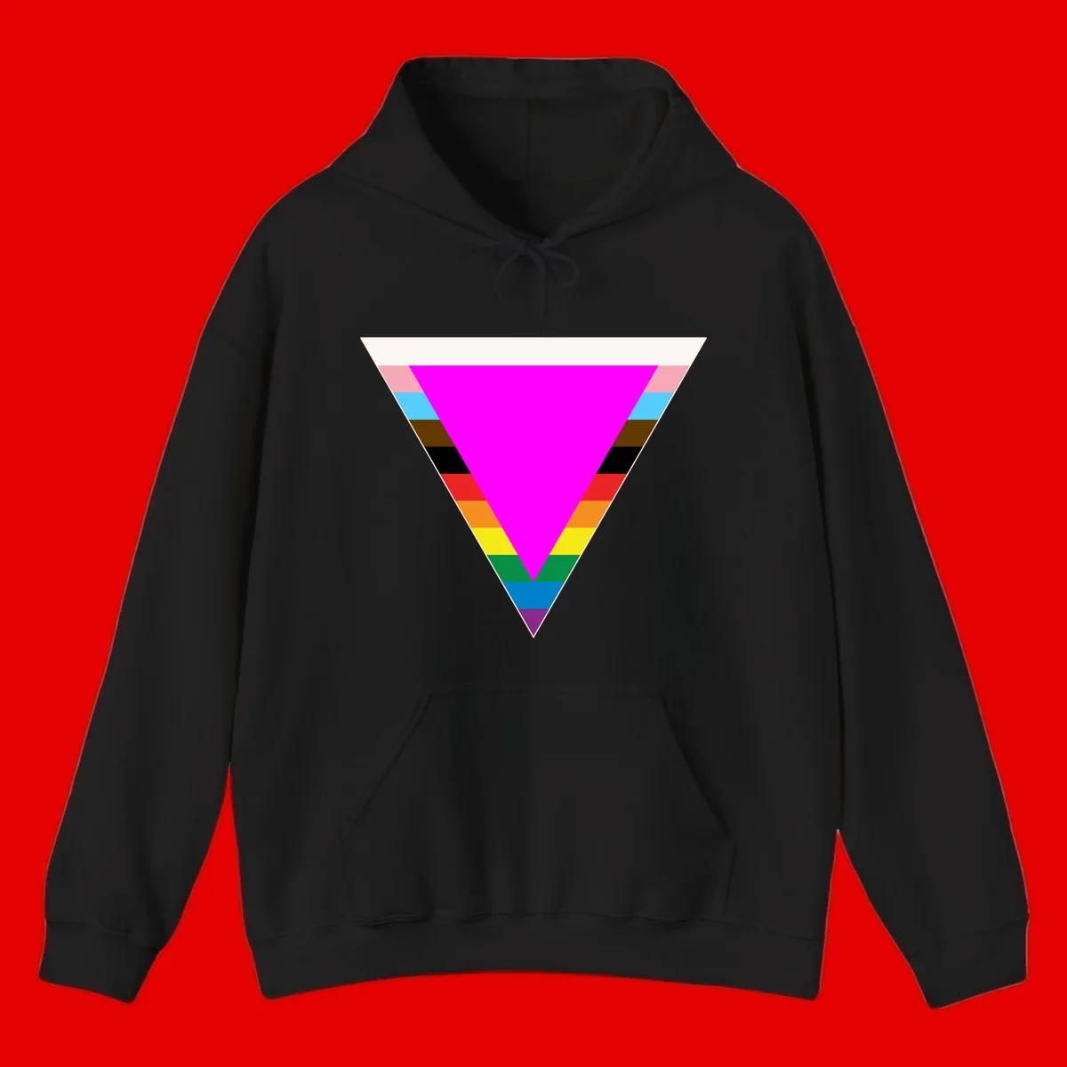 Rainbow pride triangle design with horizontal stripes in magenta, pink, cyan, brown, black, red, orange, yellow, green, teal, blue, and purple colors