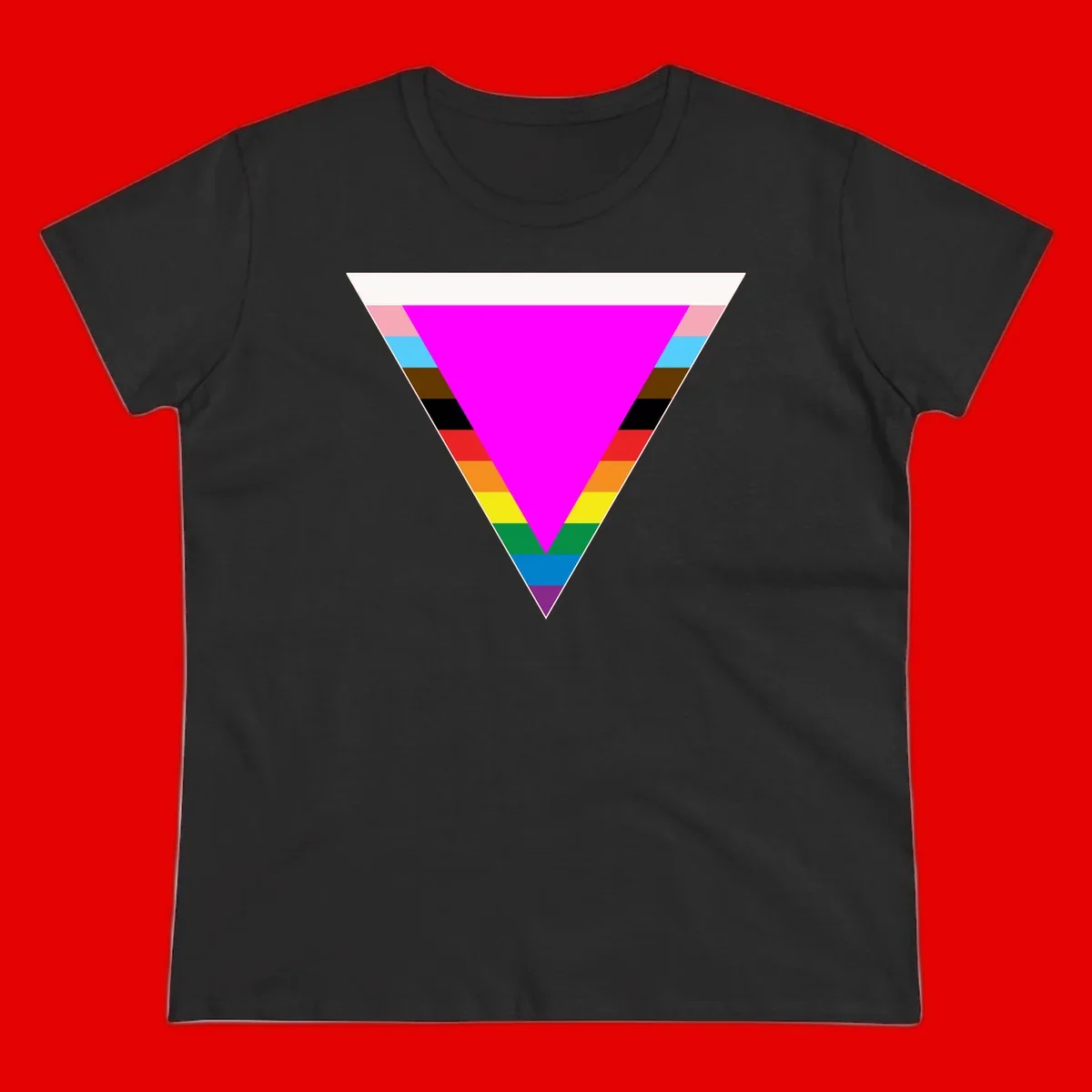 Rainbow pride triangle design with horizontal stripes in magenta, pink, cyan, brown, black, red, orange, yellow, green, teal, blue, and purple colors