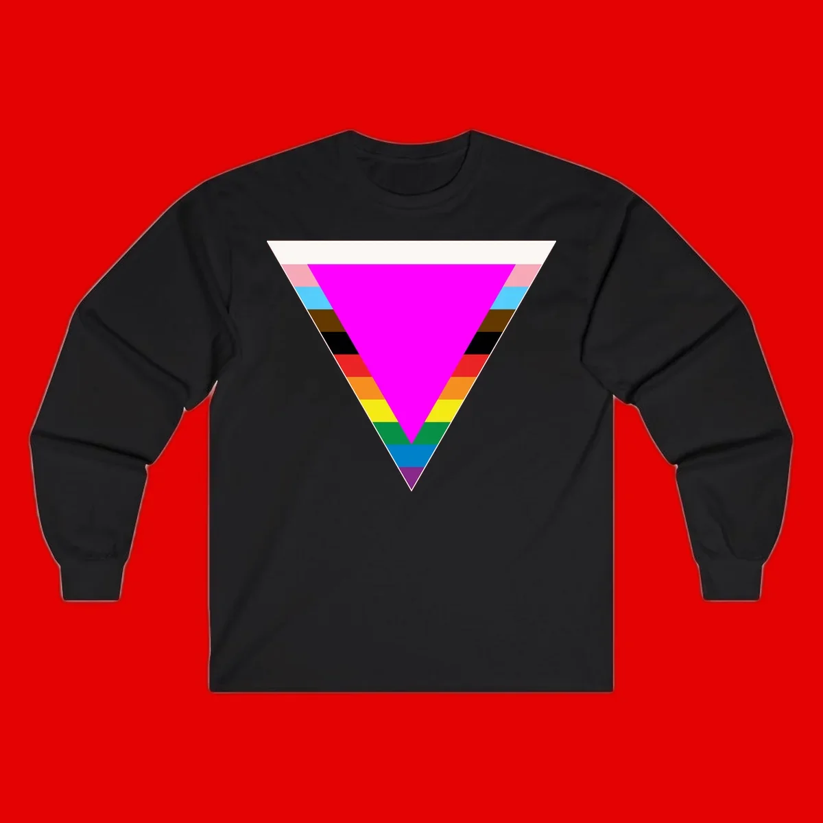 Rainbow pride triangle design with horizontal stripes in magenta, pink, cyan, brown, black, red, orange, yellow, green, teal, blue, and purple colors