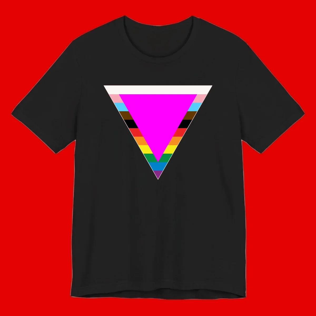 Rainbow pride triangle design with horizontal stripes in magenta, pink, cyan, brown, black, red, orange, yellow, green, teal, blue, and purple colors