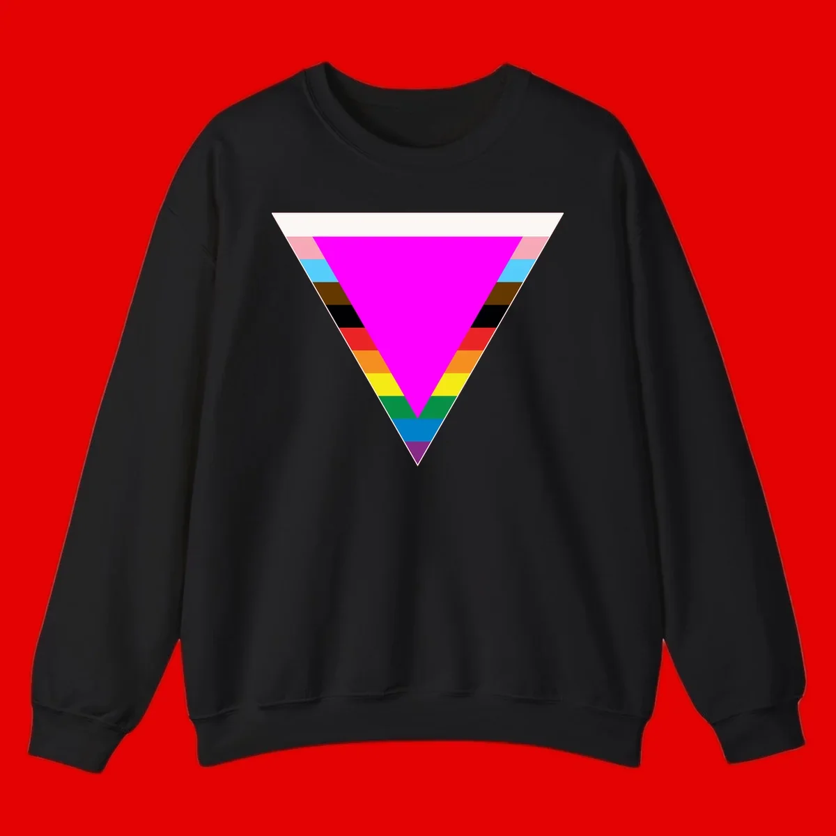 Rainbow pride triangle design with horizontal stripes in magenta, pink, cyan, brown, black, red, orange, yellow, green, teal, blue, and purple colors