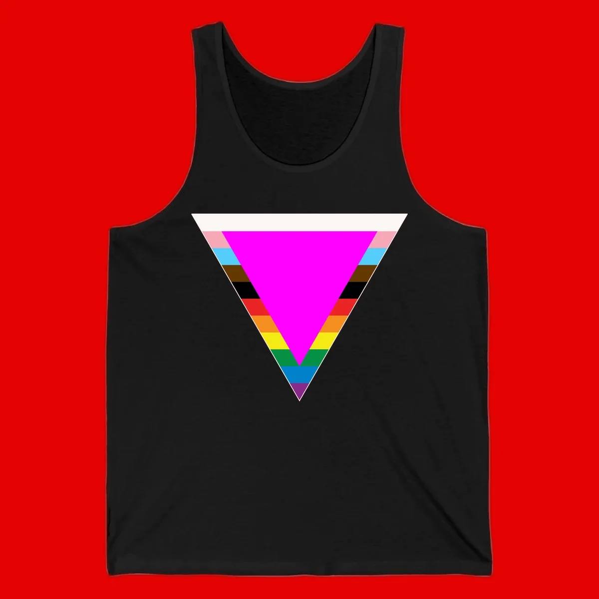 Rainbow pride triangle design with horizontal stripes in magenta, pink, cyan, brown, black, red, orange, yellow, green, teal, blue, and purple colors