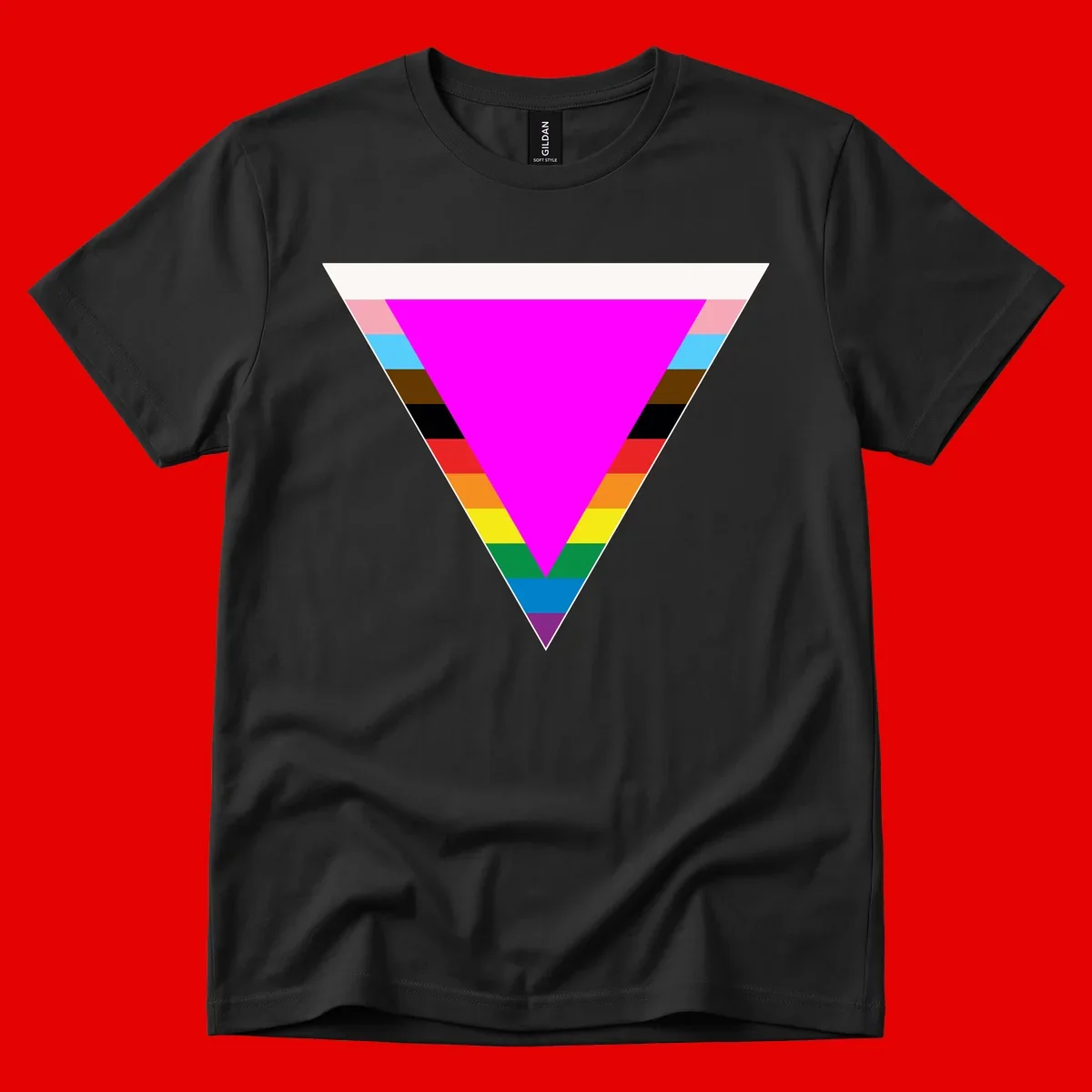 Rainbow pride triangle design with horizontal stripes in magenta, pink, cyan, brown, black, red, orange, yellow, green, teal, blue, and purple colors