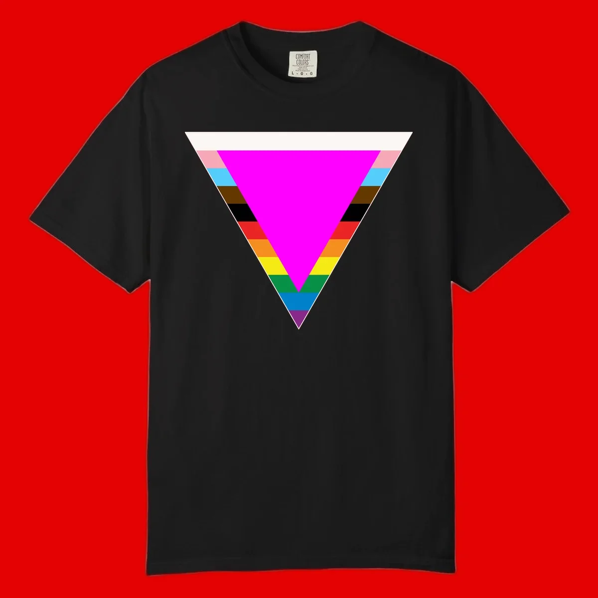 Rainbow pride triangle design featuring a large magenta inverted triangle surrounded by horizontal stripes in pride flag colors