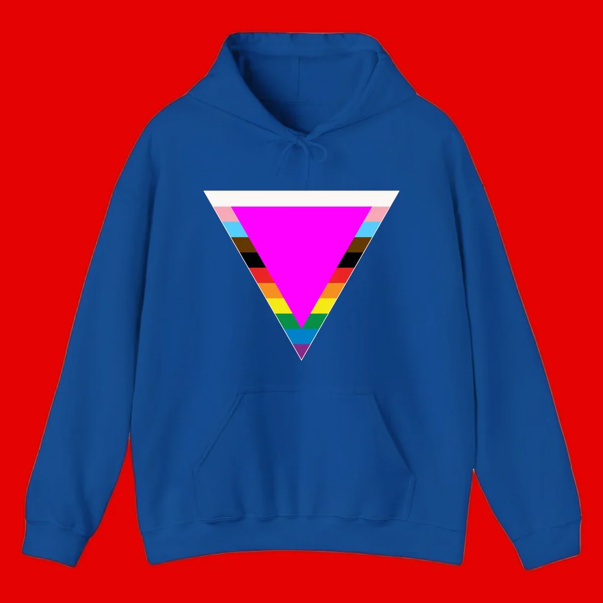 Rainbow pride triangle design featuring a large magenta inverted triangle surrounded by horizontal stripes in pride flag colors