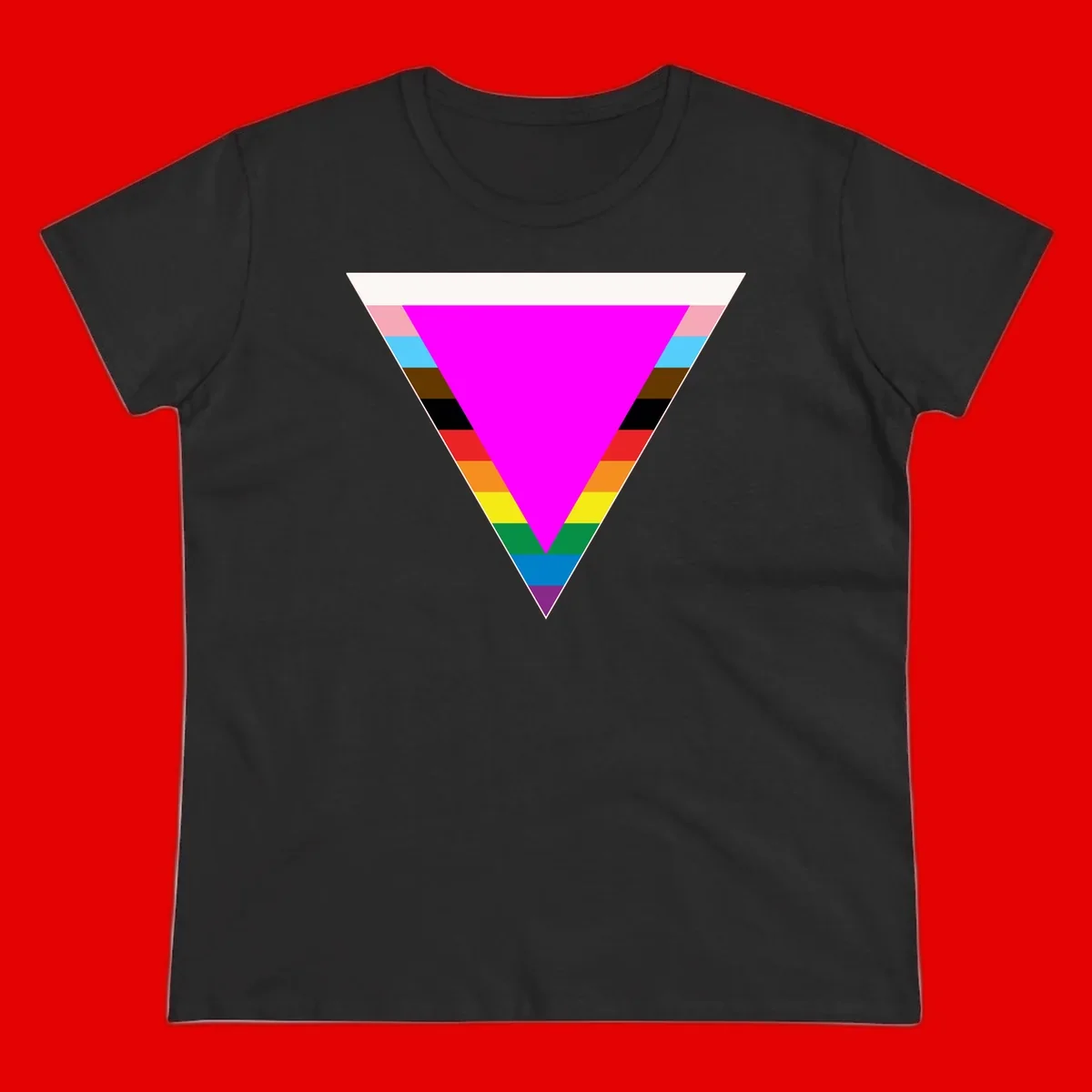 Rainbow pride triangle design featuring a large magenta inverted triangle surrounded by horizontal stripes in pride flag colors