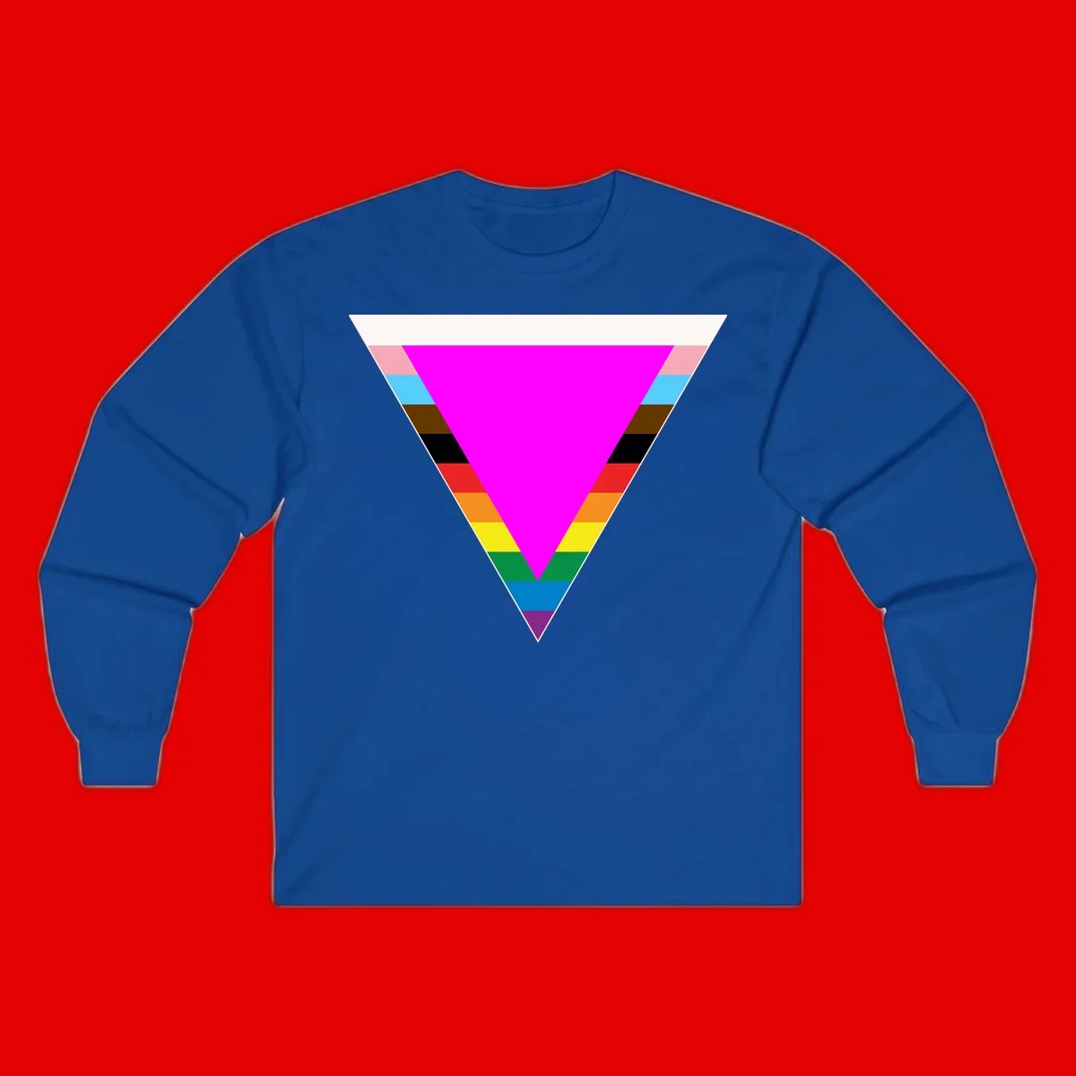 Rainbow pride triangle design featuring a large magenta inverted triangle surrounded by horizontal stripes in pride flag colors