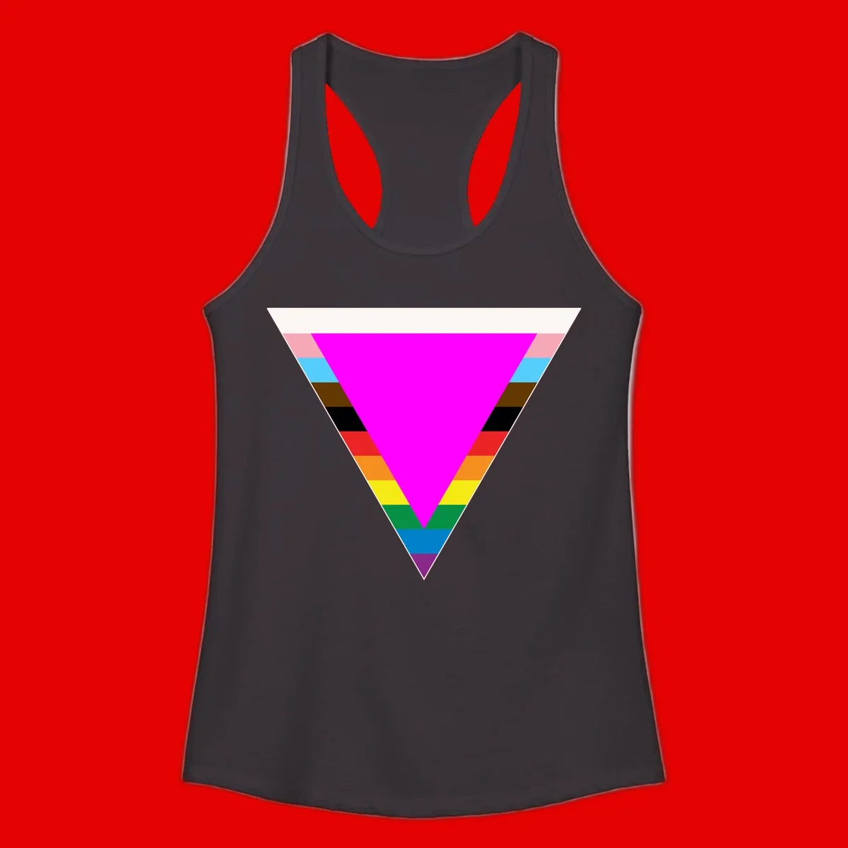 Rainbow pride triangle design featuring a large magenta inverted triangle surrounded by horizontal stripes in pride flag colors