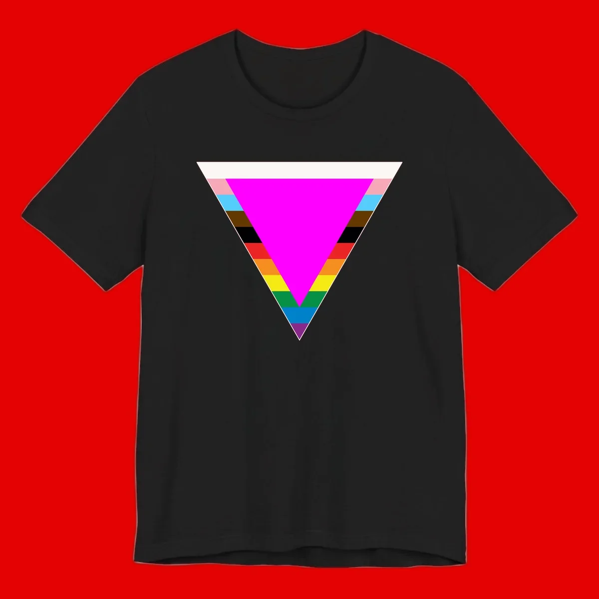Rainbow pride triangle design featuring a large magenta inverted triangle surrounded by horizontal stripes in pride flag colors
