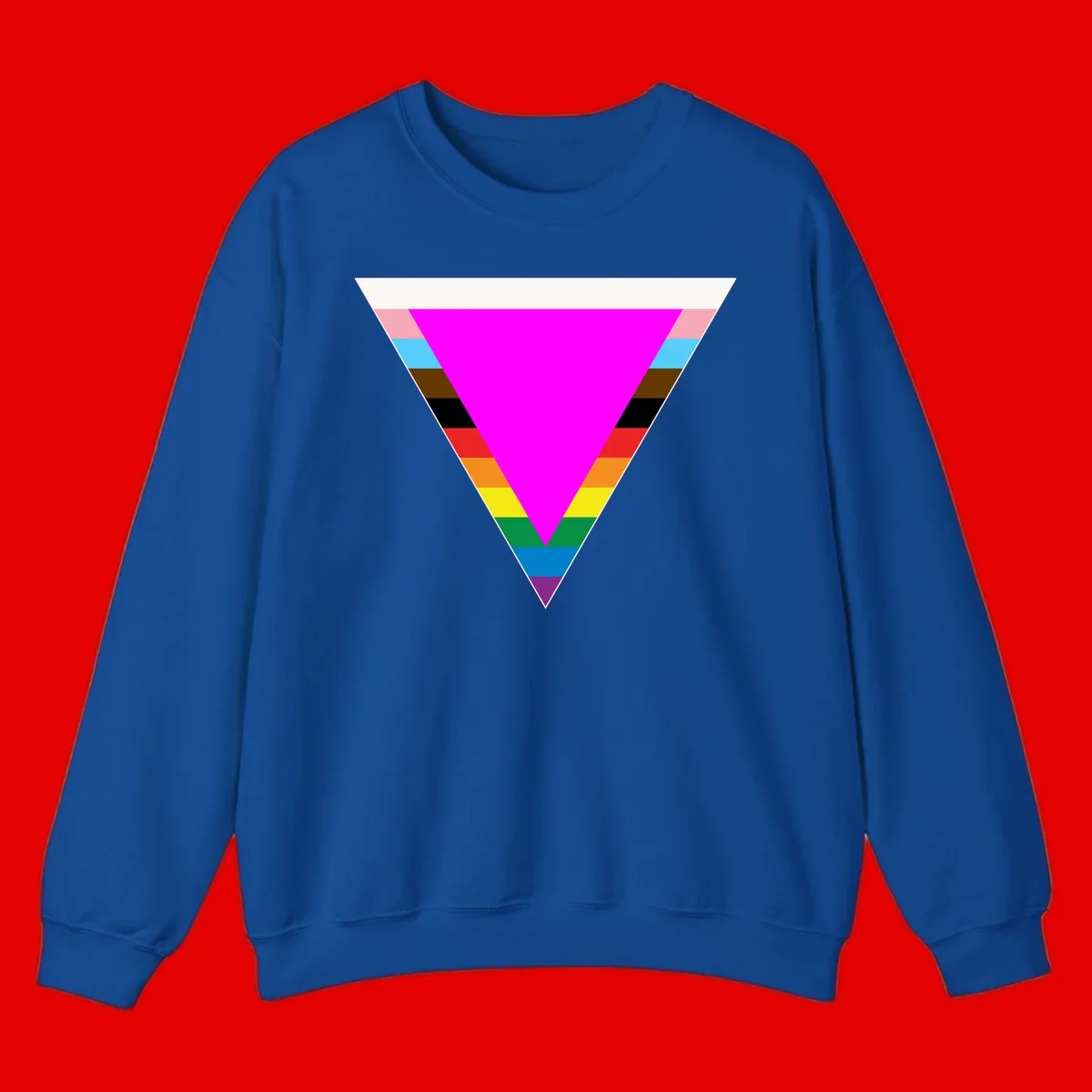 Rainbow pride triangle design featuring a large magenta inverted triangle surrounded by horizontal stripes in pride flag colors