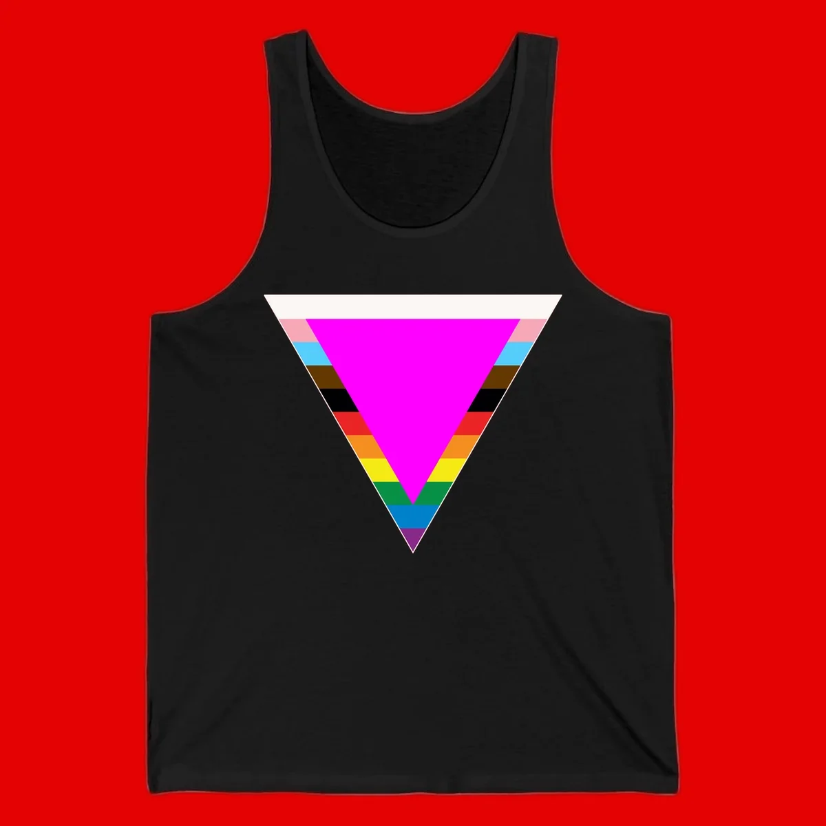 Rainbow pride triangle design featuring a large magenta inverted triangle surrounded by horizontal stripes in pride flag colors
