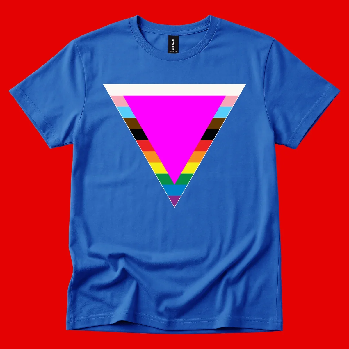Rainbow pride triangle design featuring a large magenta inverted triangle surrounded by horizontal stripes in pride flag colors
