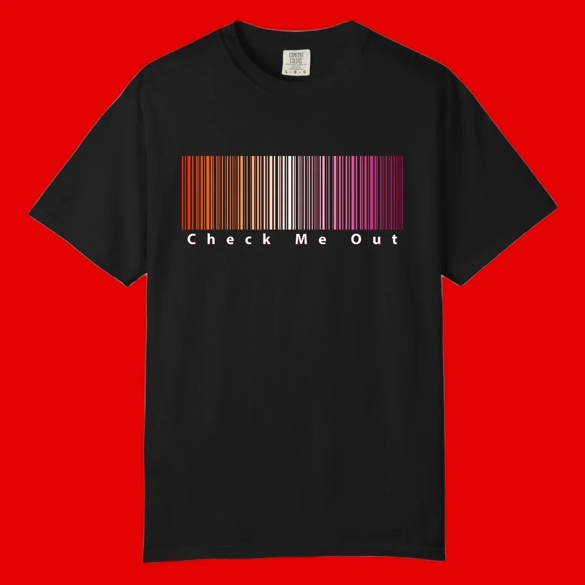 Check me out pride design with vertical rainbow gradient stripes transitioning from red to magenta with bold white text