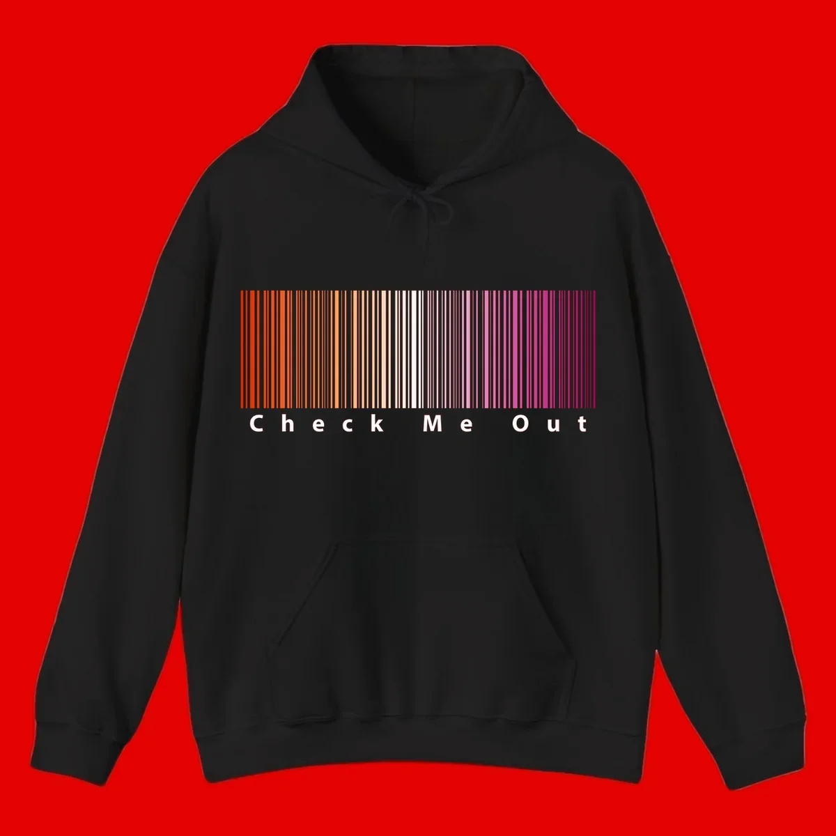 Check me out pride design with vertical rainbow gradient stripes transitioning from red to magenta with bold white text