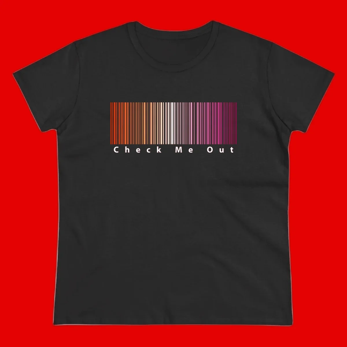 Check me out pride design with vertical rainbow gradient stripes transitioning from red to magenta with bold white text